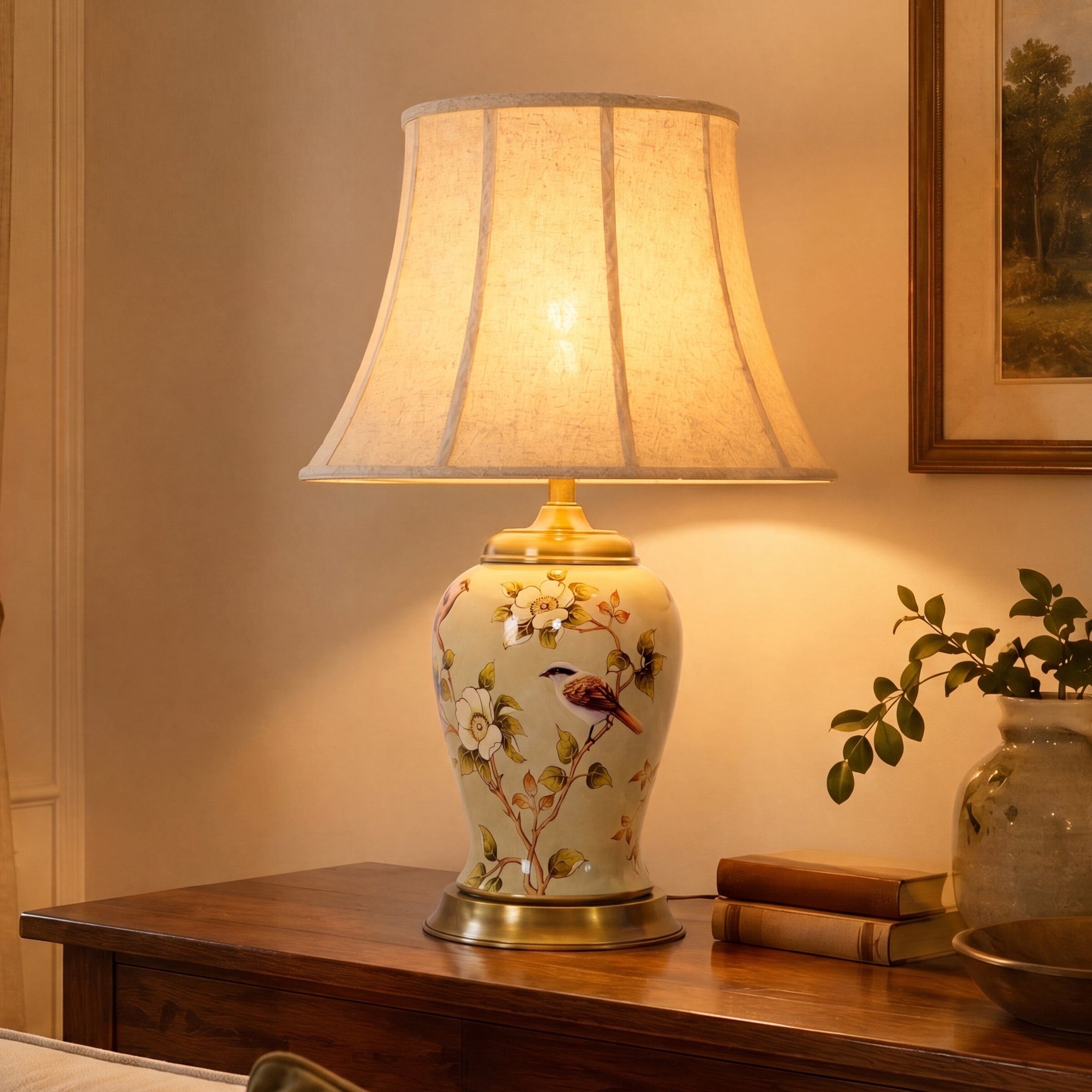 Lightsin Vintage Camellia Ceramic Table Lamp with Copper Base and Fabric Shade Lightsin UK 
