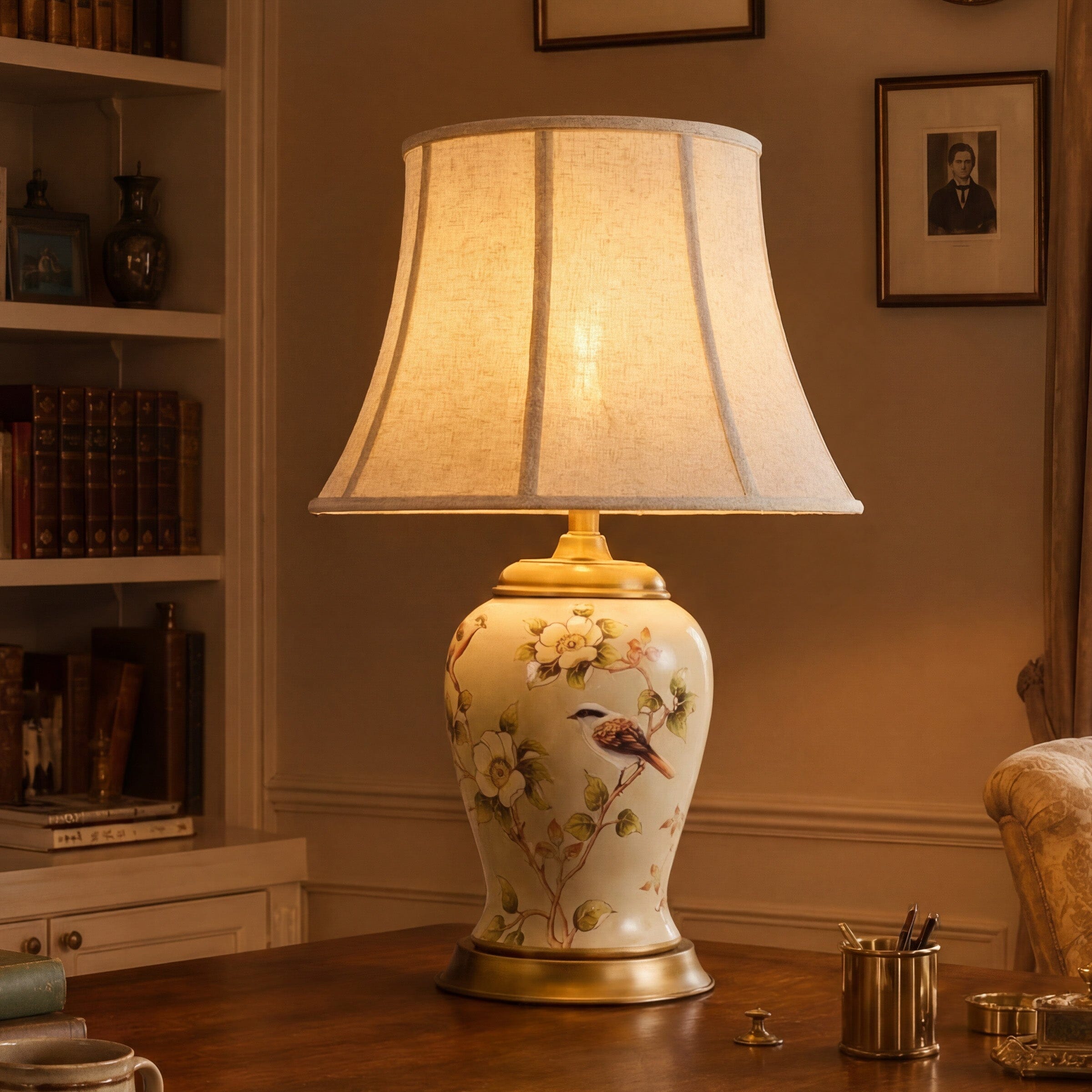 Lightsin Vintage Camellia Ceramic Table Lamp with Copper Base and Fabric Shade Lightsin UK 