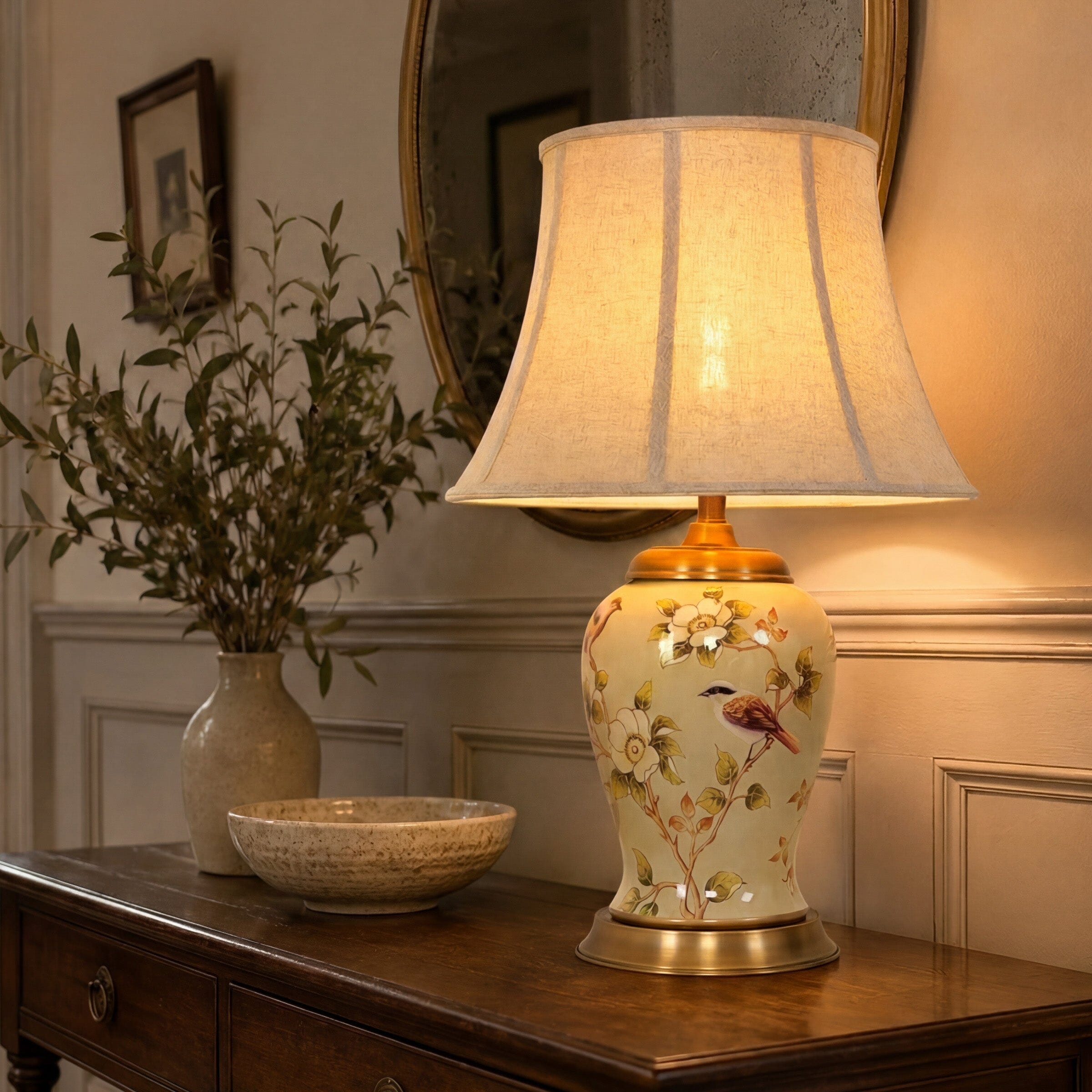 Lightsin Vintage Camellia Ceramic Table Lamp with Copper Base and Fabric Shade Lightsin UK 