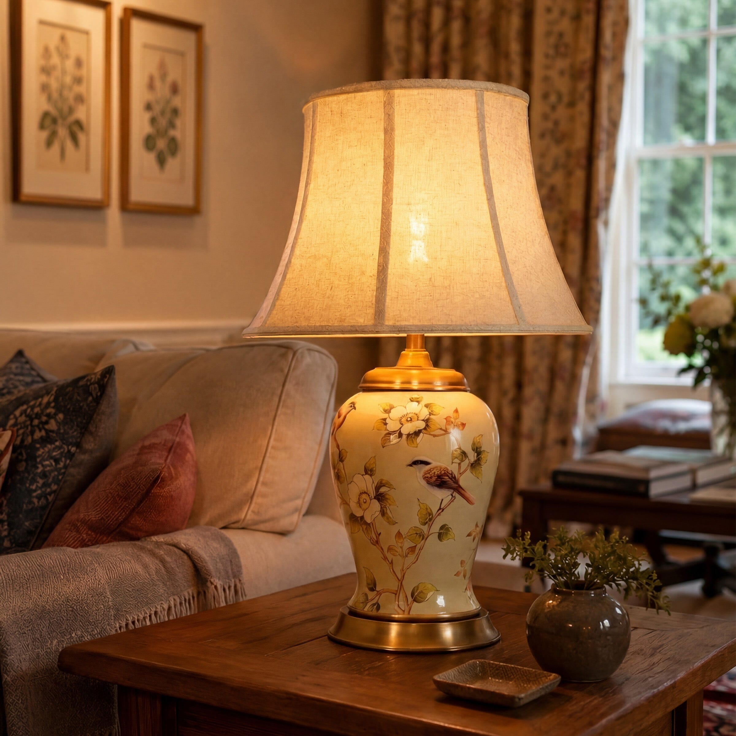 Lightsin Vintage Camellia Ceramic Table Lamp with Copper Base and Fabric Shade Lightsin UK 