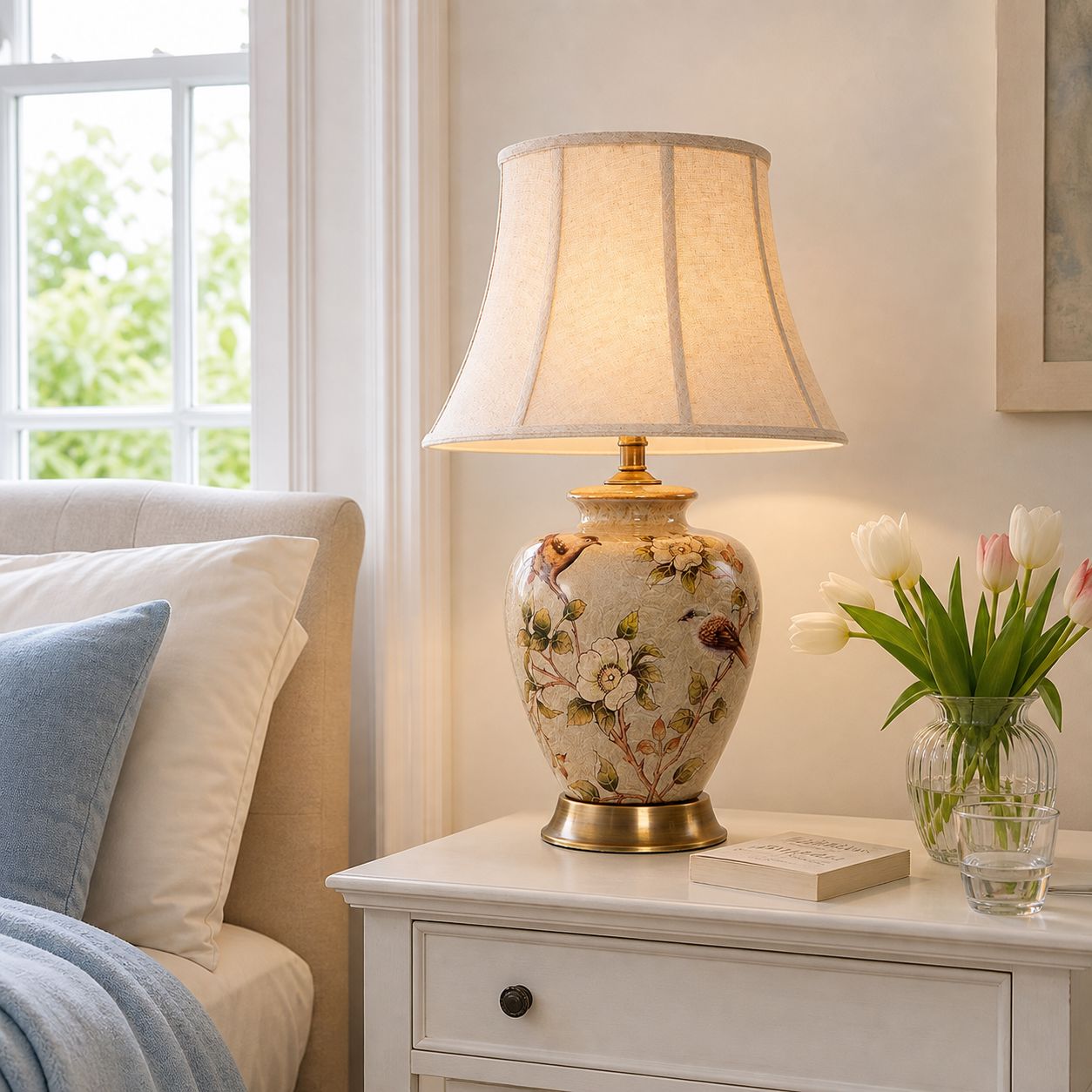 Lightsin Vintage Ceramic Bird-Pattern Table Lamp with Fabric Shade Lightsin UK 