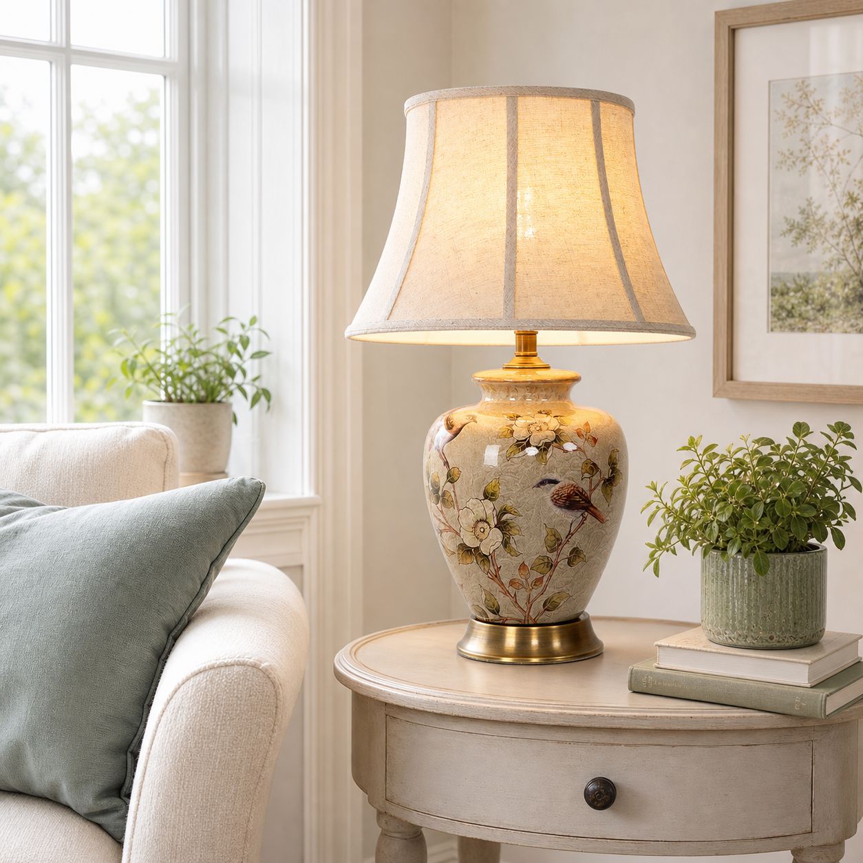 Lightsin Vintage Ceramic Bird-Pattern Table Lamp with Fabric Shade Lightsin UK 