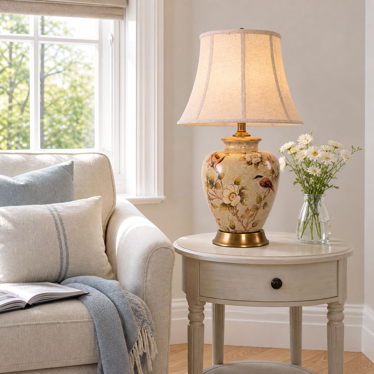 Lightsin Vintage Ceramic Bird-Pattern Table Lamp with Fabric Shade Lightsin UK 