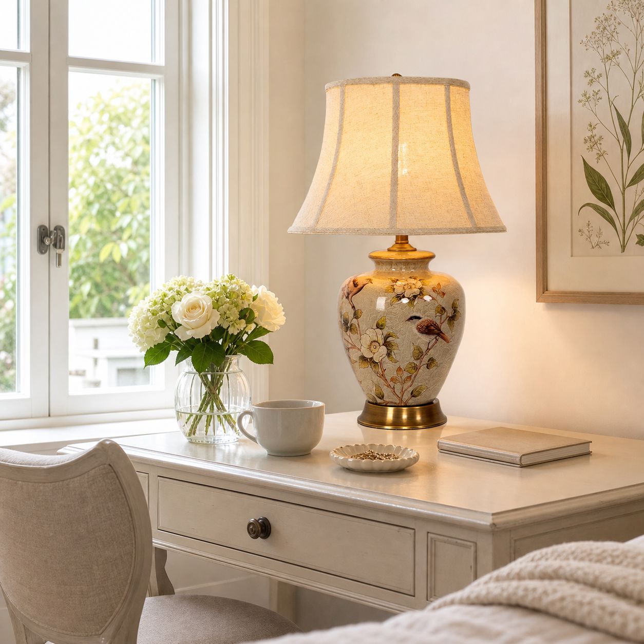 Lightsin Vintage Ceramic Bird-Pattern Table Lamp with Fabric Shade Lightsin UK 