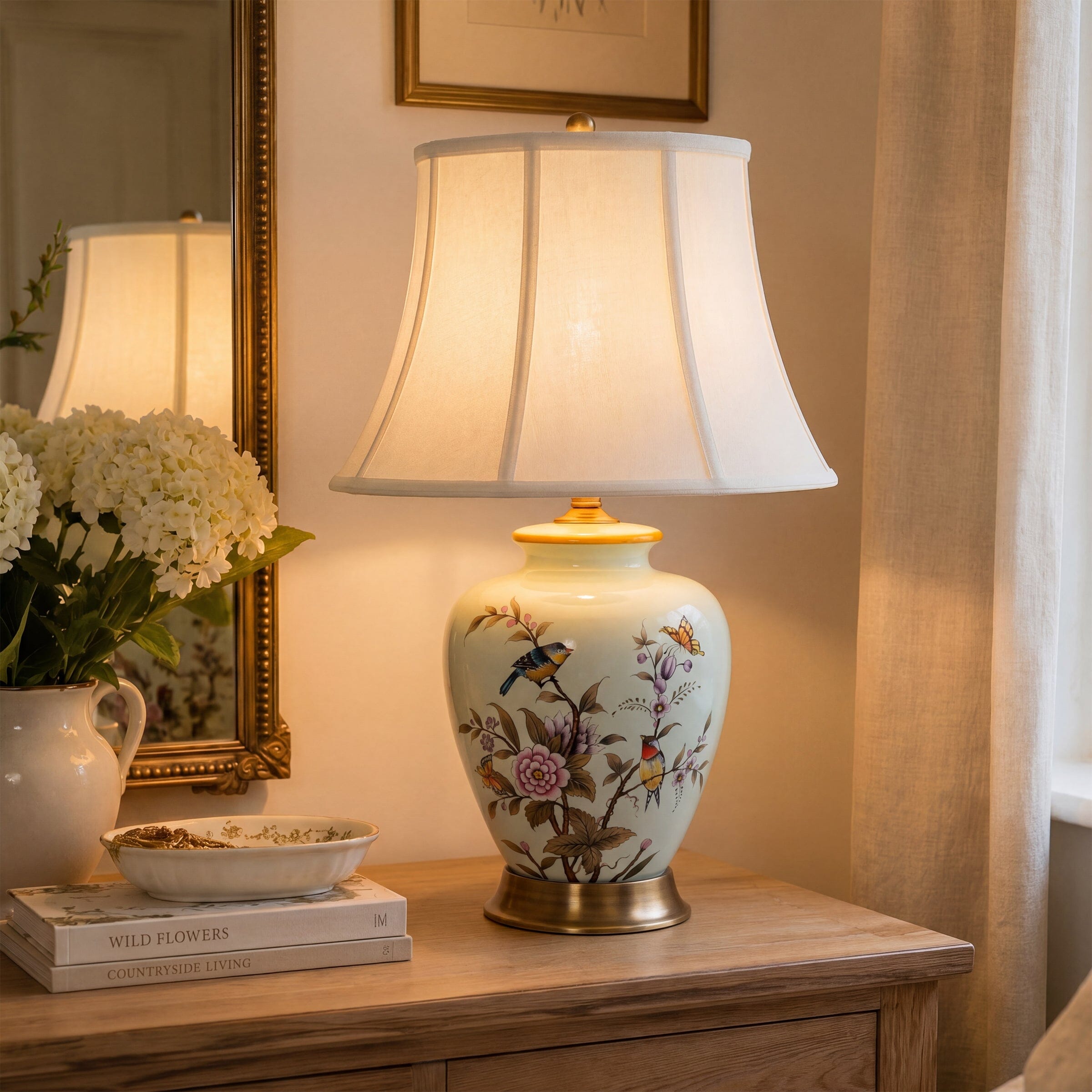 Lightsin Hand-Painted Vintage Ceramic Bird & Floral Table Lamp in Soft Celadon Green Lightsin UK 