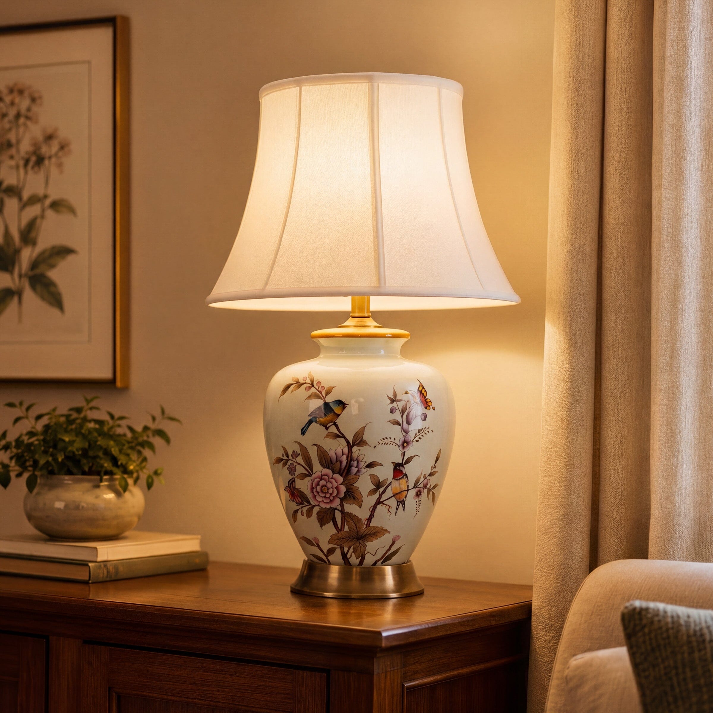 Lightsin Hand-Painted Vintage Ceramic Bird & Floral Table Lamp in Soft Celadon Green Lightsin UK 