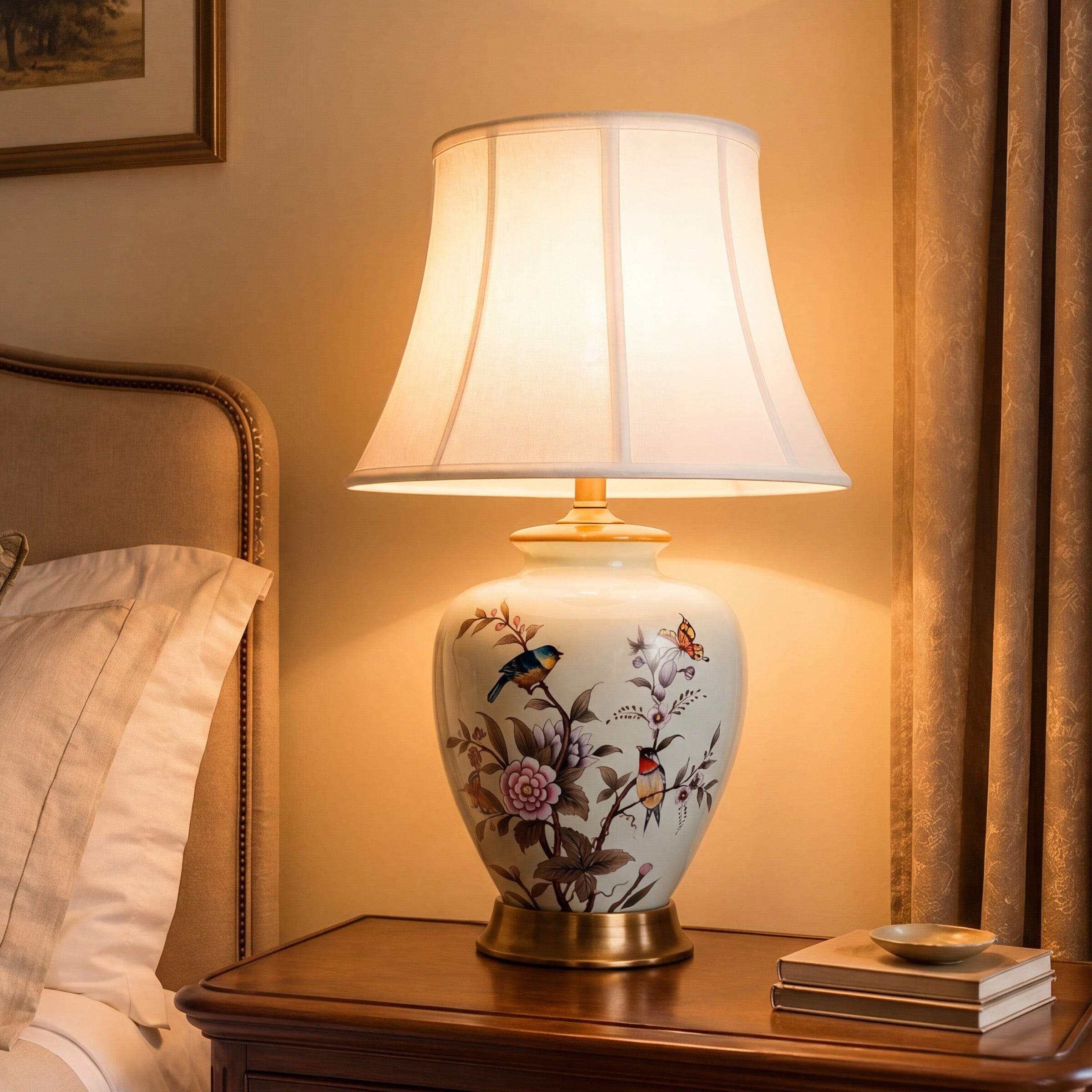 Lightsin Hand-Painted Vintage Ceramic Bird & Floral Table Lamp in Soft Celadon Green Lightsin UK 