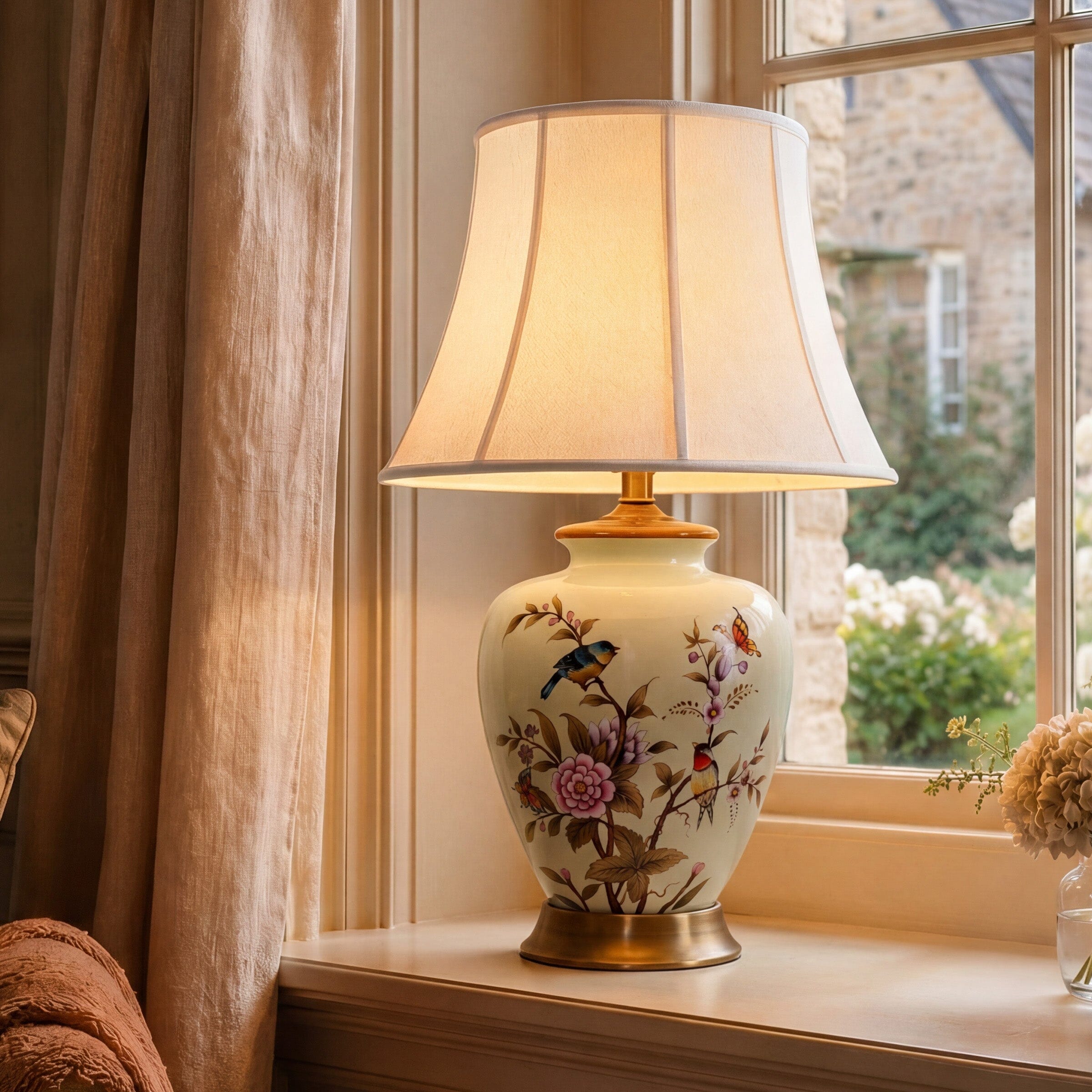 Lightsin Hand-Painted Vintage Ceramic Bird & Floral Table Lamp in Soft Celadon Green Lightsin UK 