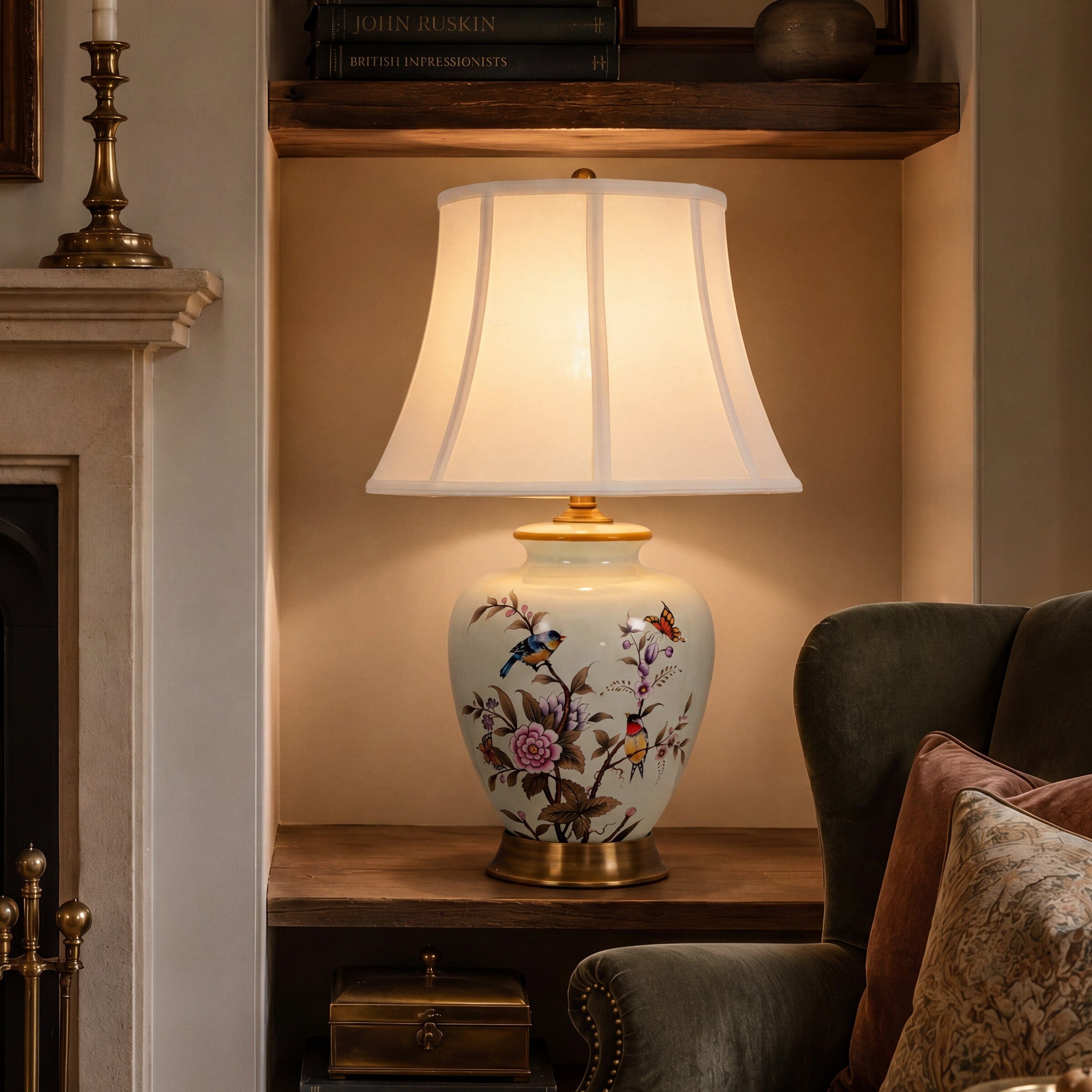 Lightsin Hand-Painted Vintage Ceramic Bird & Floral Table Lamp in Soft Celadon Green Lightsin UK 