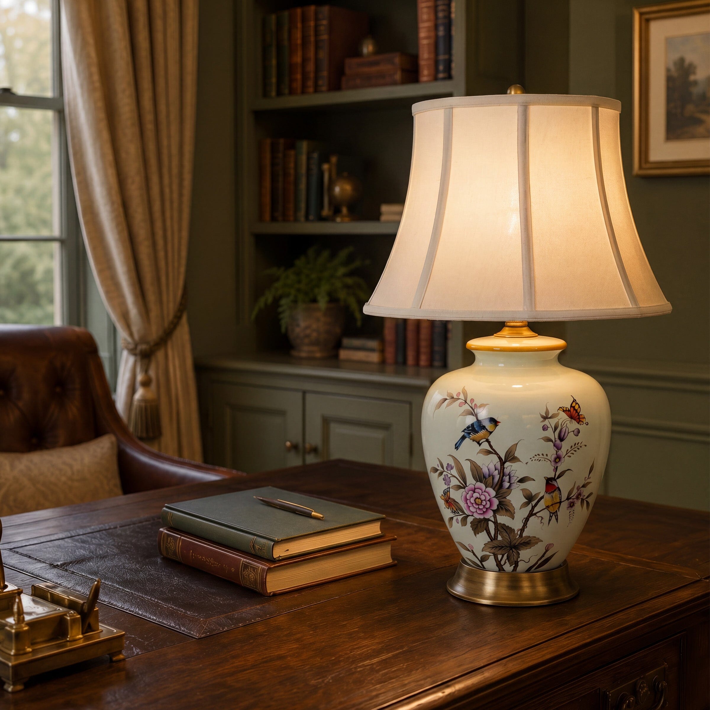 Lightsin Hand-Painted Vintage Ceramic Bird & Floral Table Lamp in Soft Celadon Green Lightsin UK 