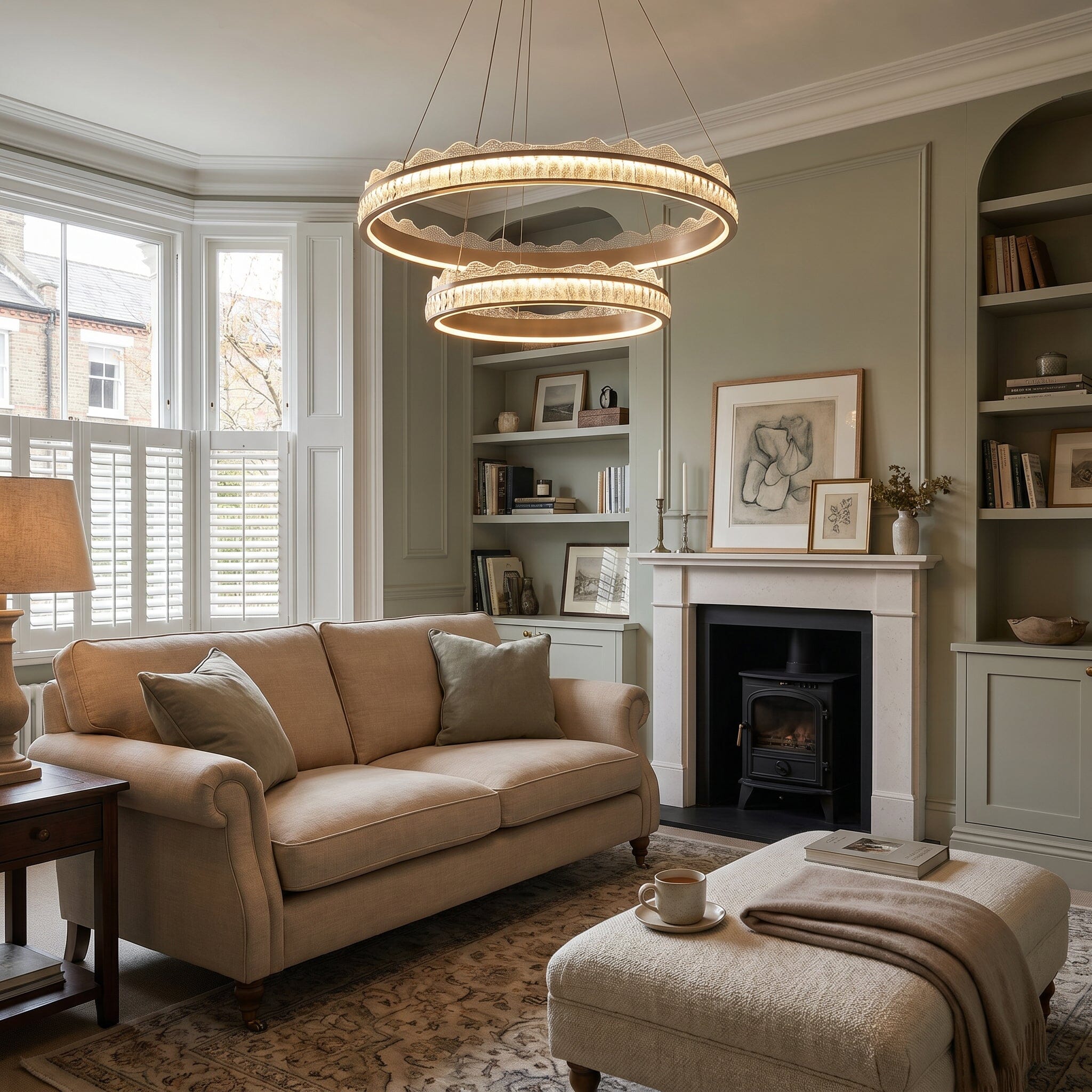 golden crystal dual-ring LED pendant light over a neutral sofa seating area