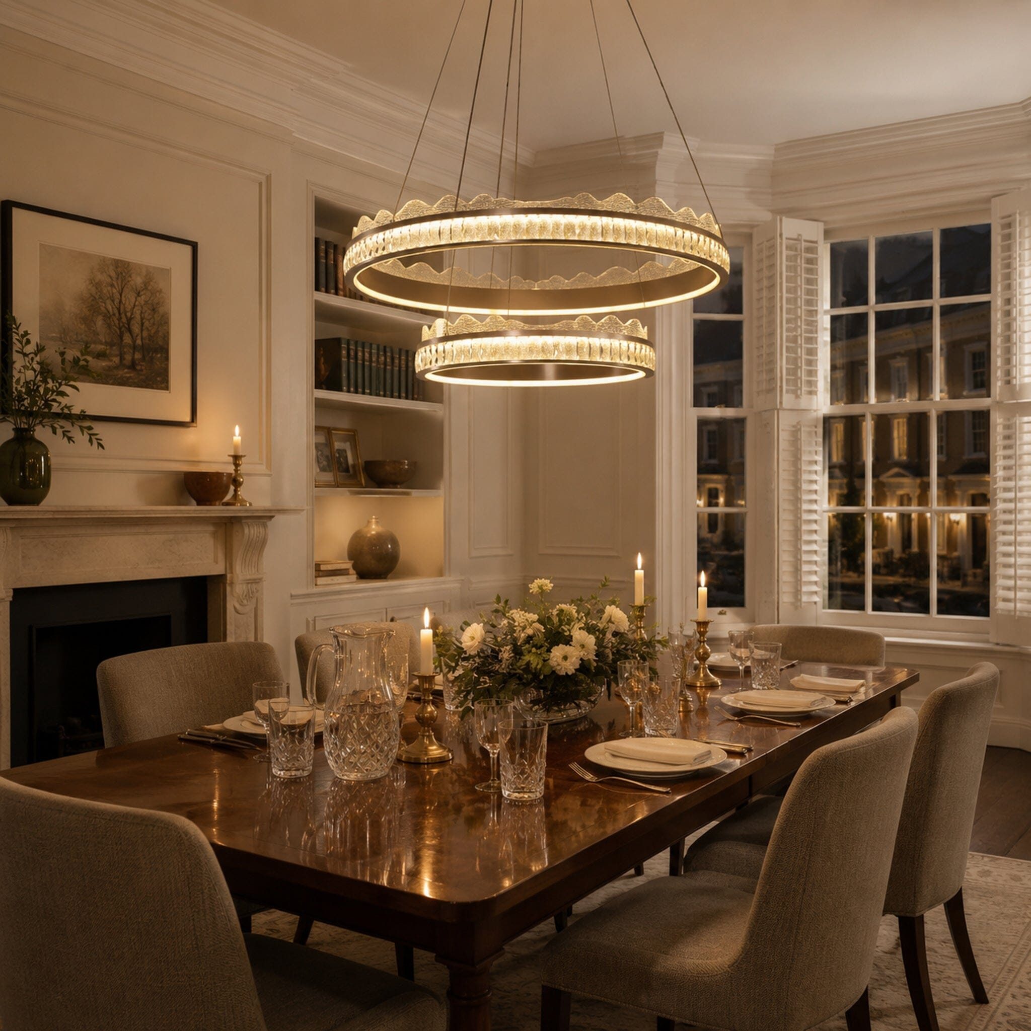 golden crystal dual-ring LED pendant light above a classic dining table