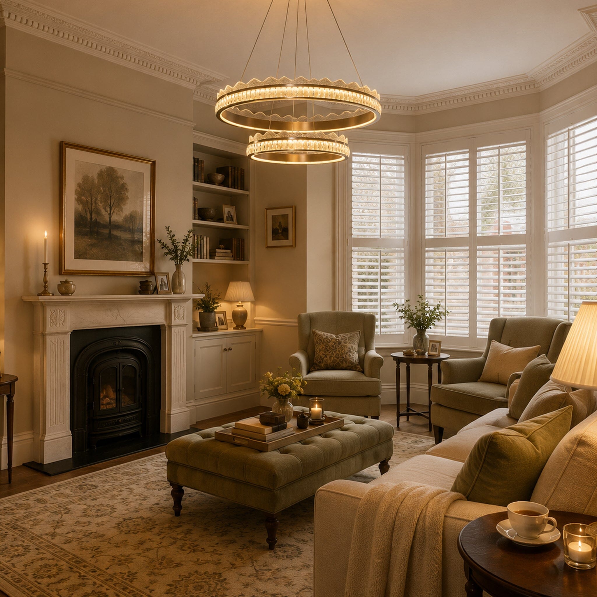 golden crystal dual-ring LED pendant light in a warm living room seating area