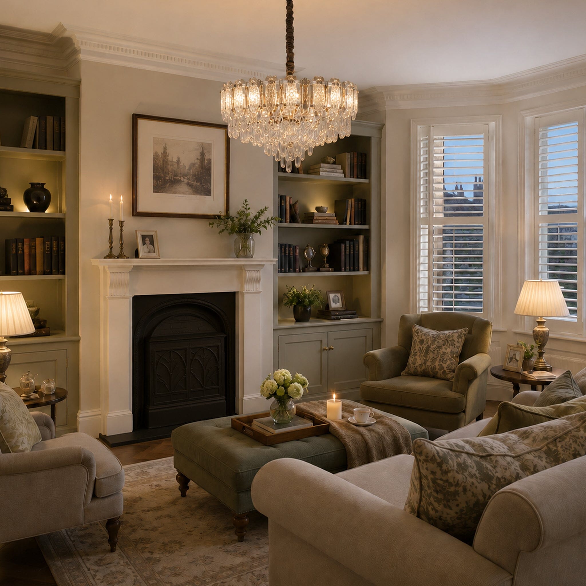 champagne gold crystal chandelier above a neutral living room