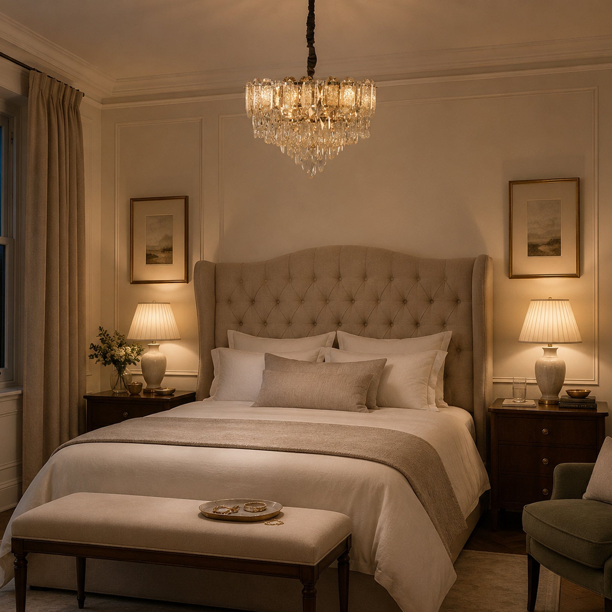 champagne gold crystal chandelier above a tufted bedroom bed