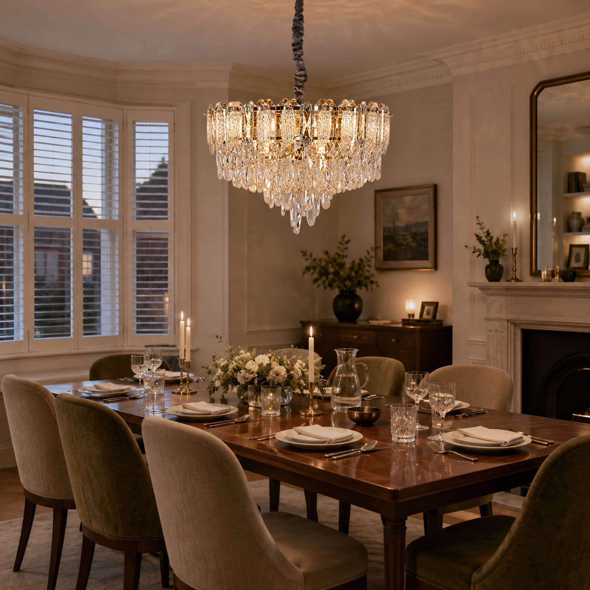 champagne gold crystal chandelier over a classic dining table