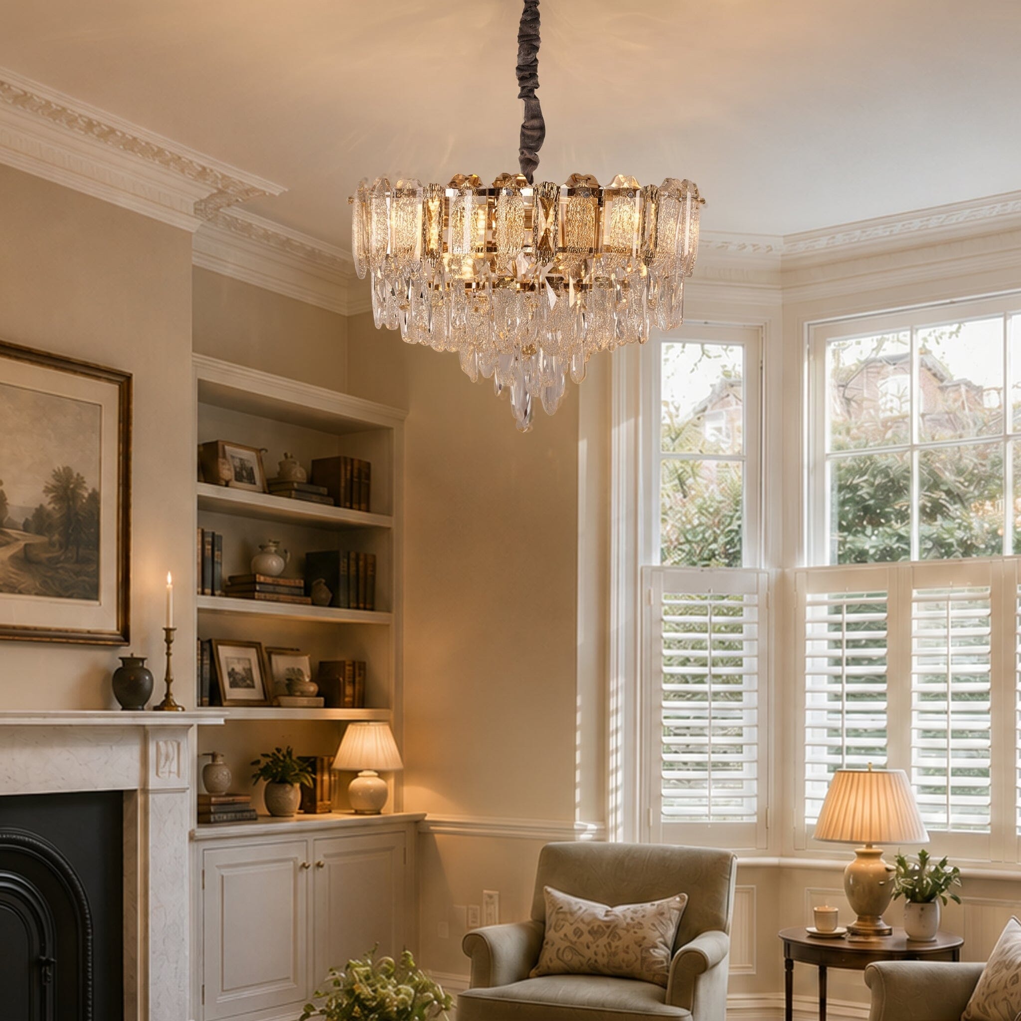 champagne gold crystal chandelier in a bright lounge with fireplace