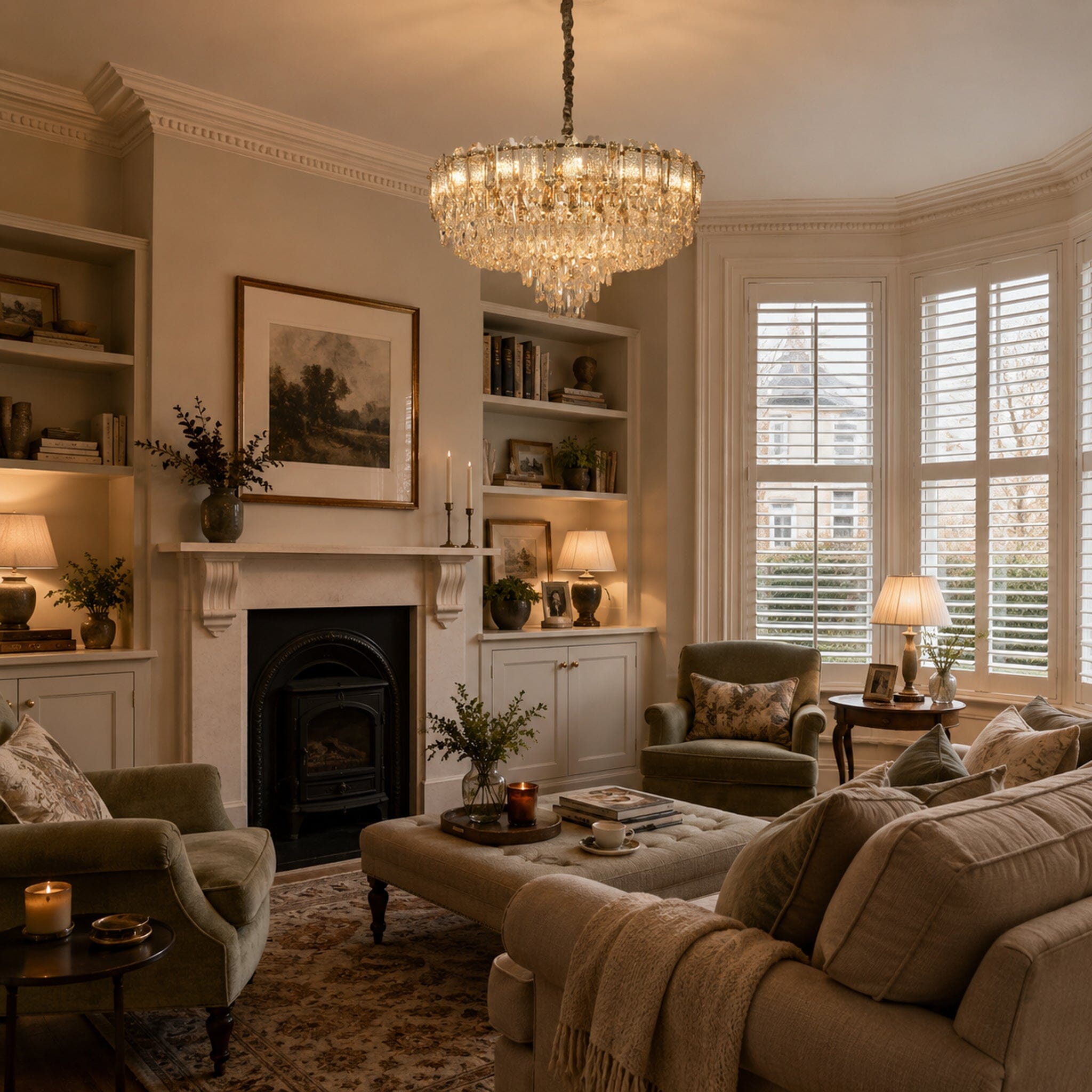 champagne gold crystal chandelier in a warm living room seating area