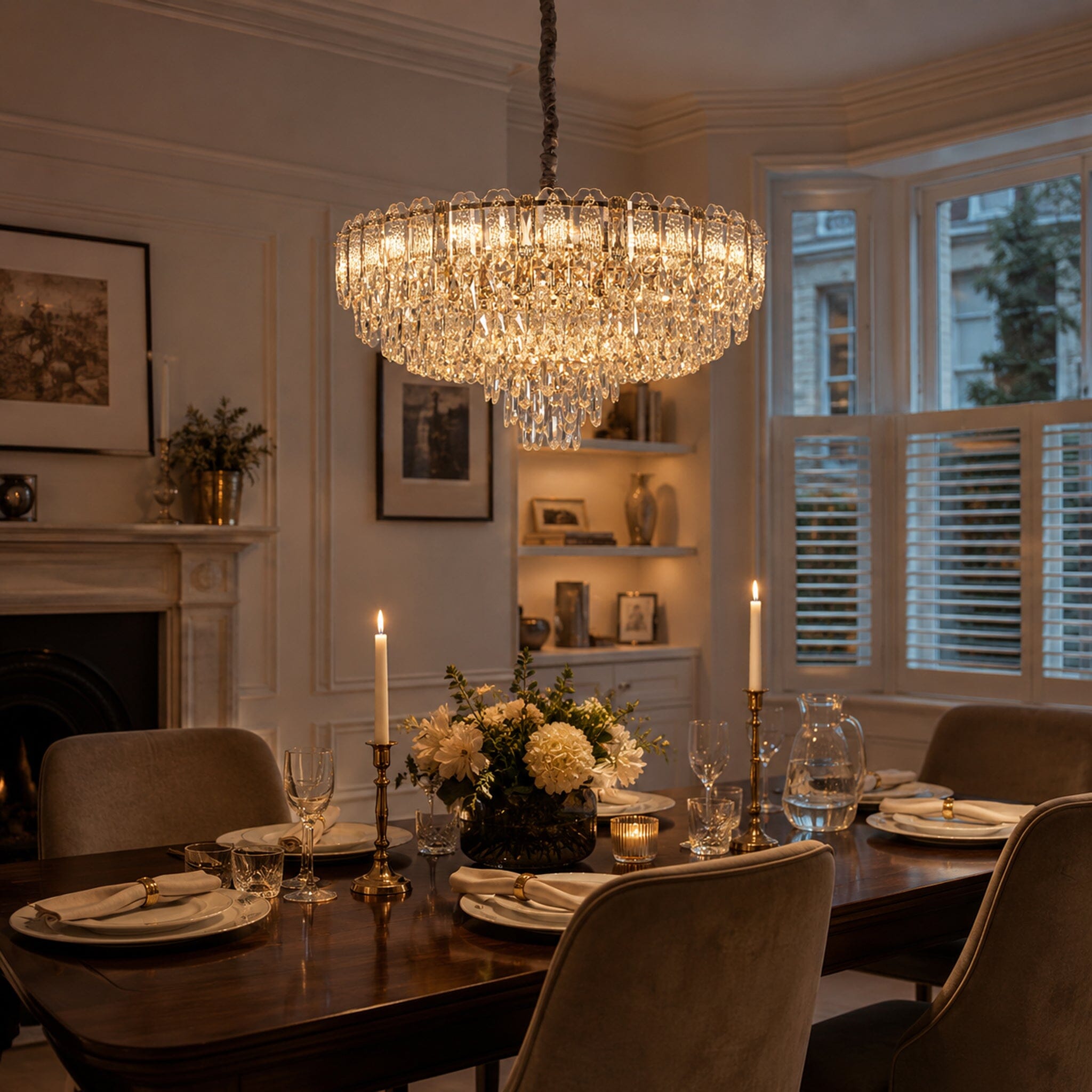 champagne gold crystal chandelier above a dining table with flowers