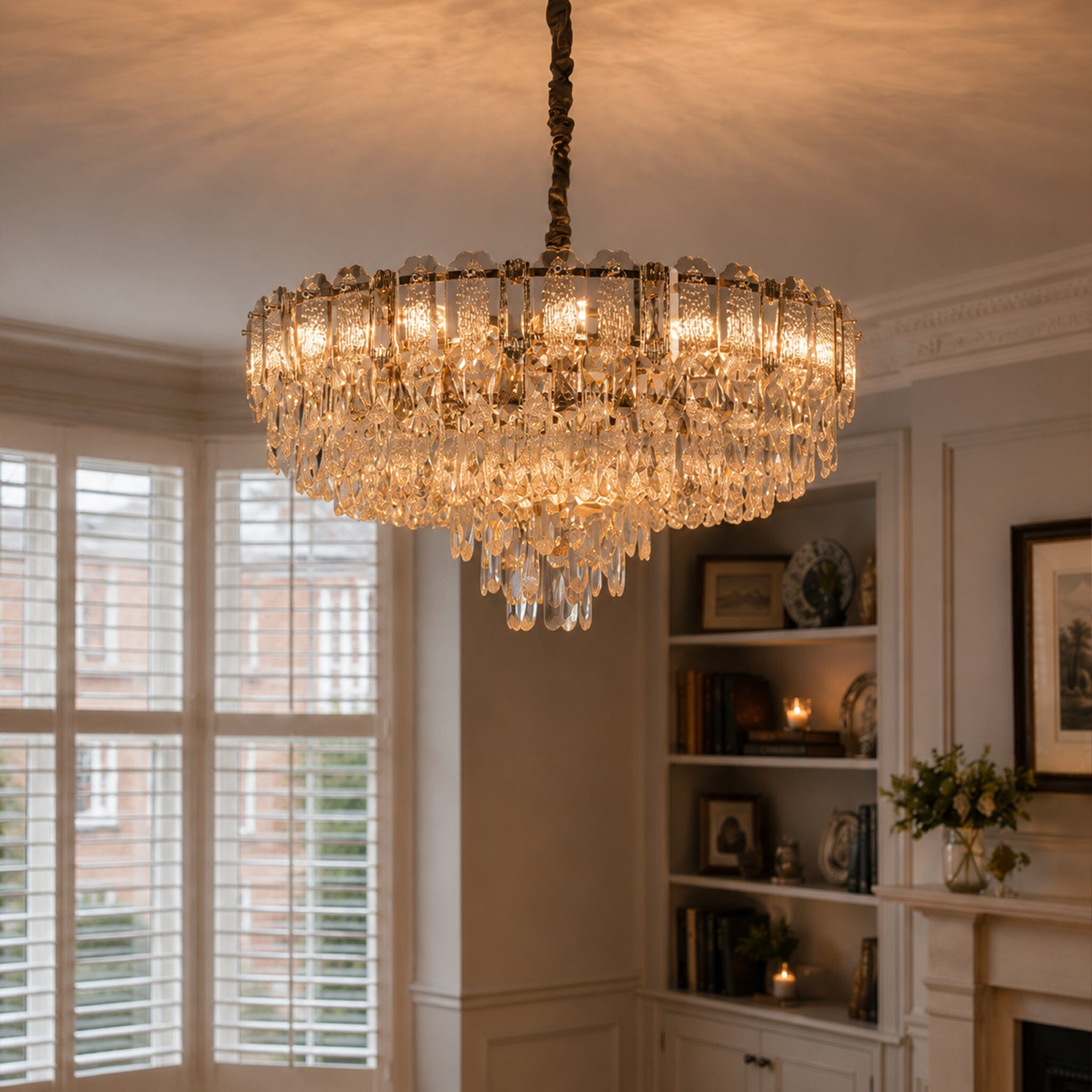 champagne gold crystal chandelier above a bright living room window