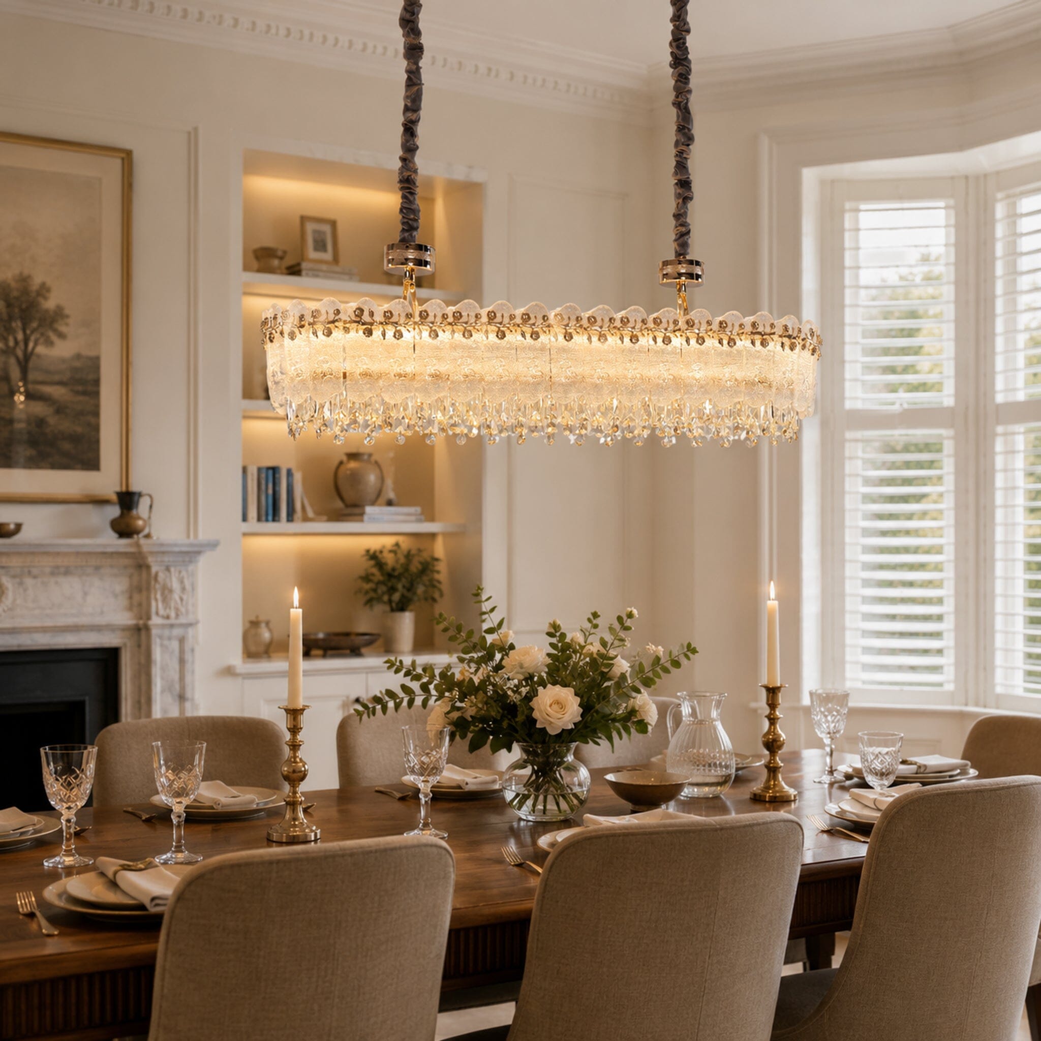 contemporary crystal oval pendant light linear chandelier above a bright kitchen island