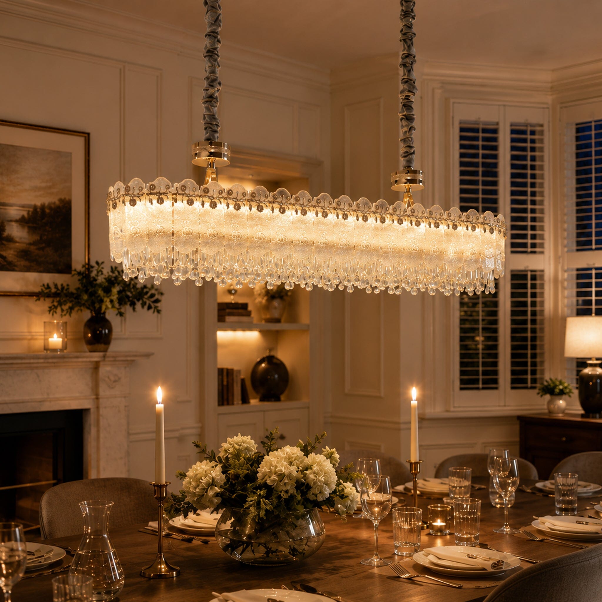contemporary crystal oval pendant light linear chandelier above a dining table