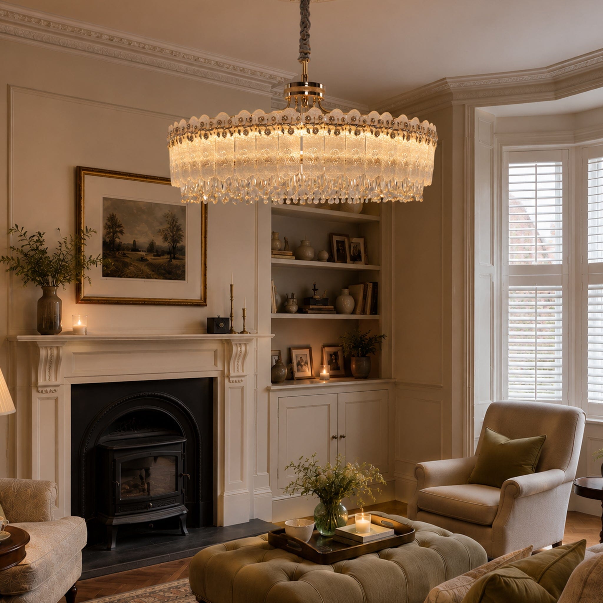 contemporary crystal oval pendant light in a classic living room with fireplace
