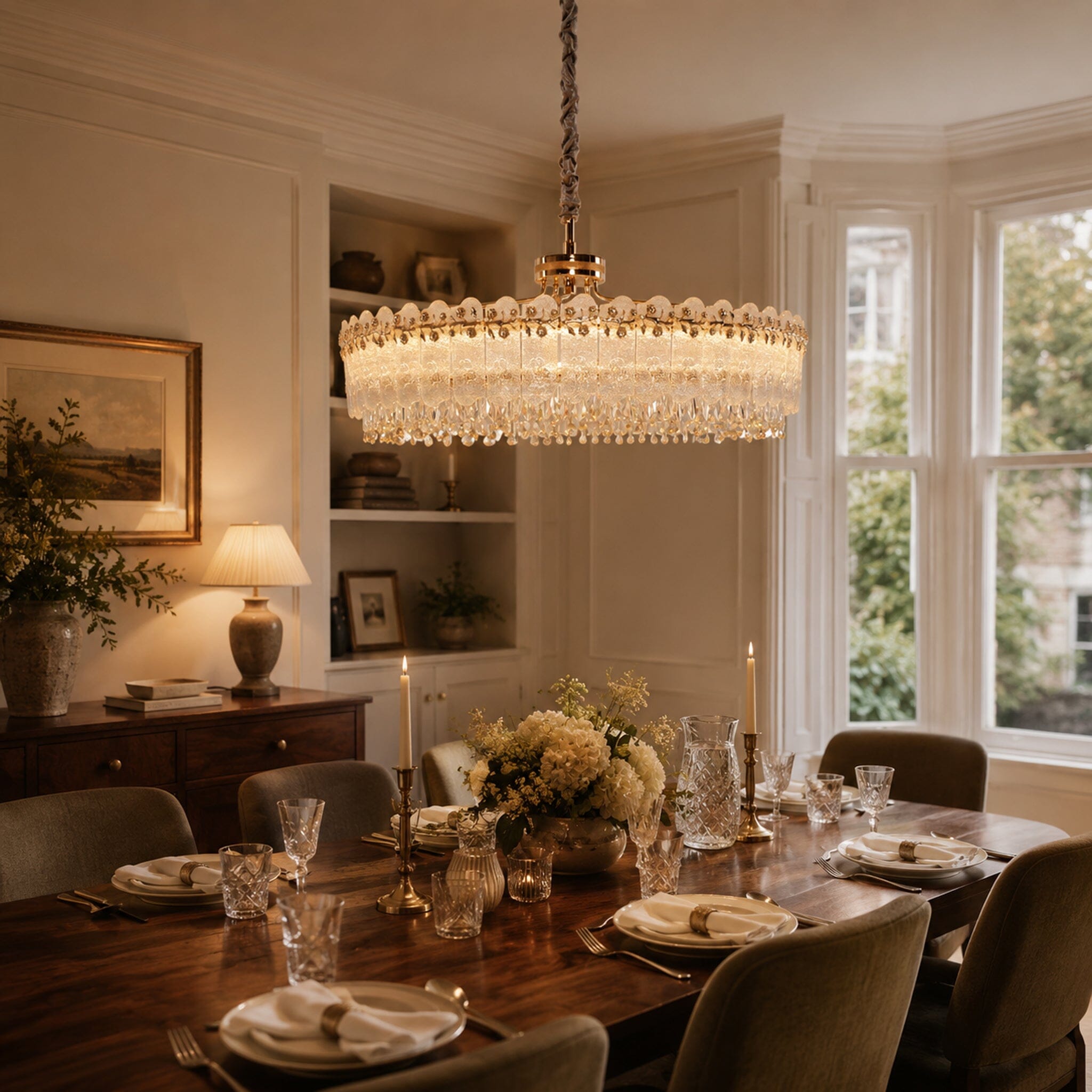 contemporary crystal oval pendant light above a dining table with flowers