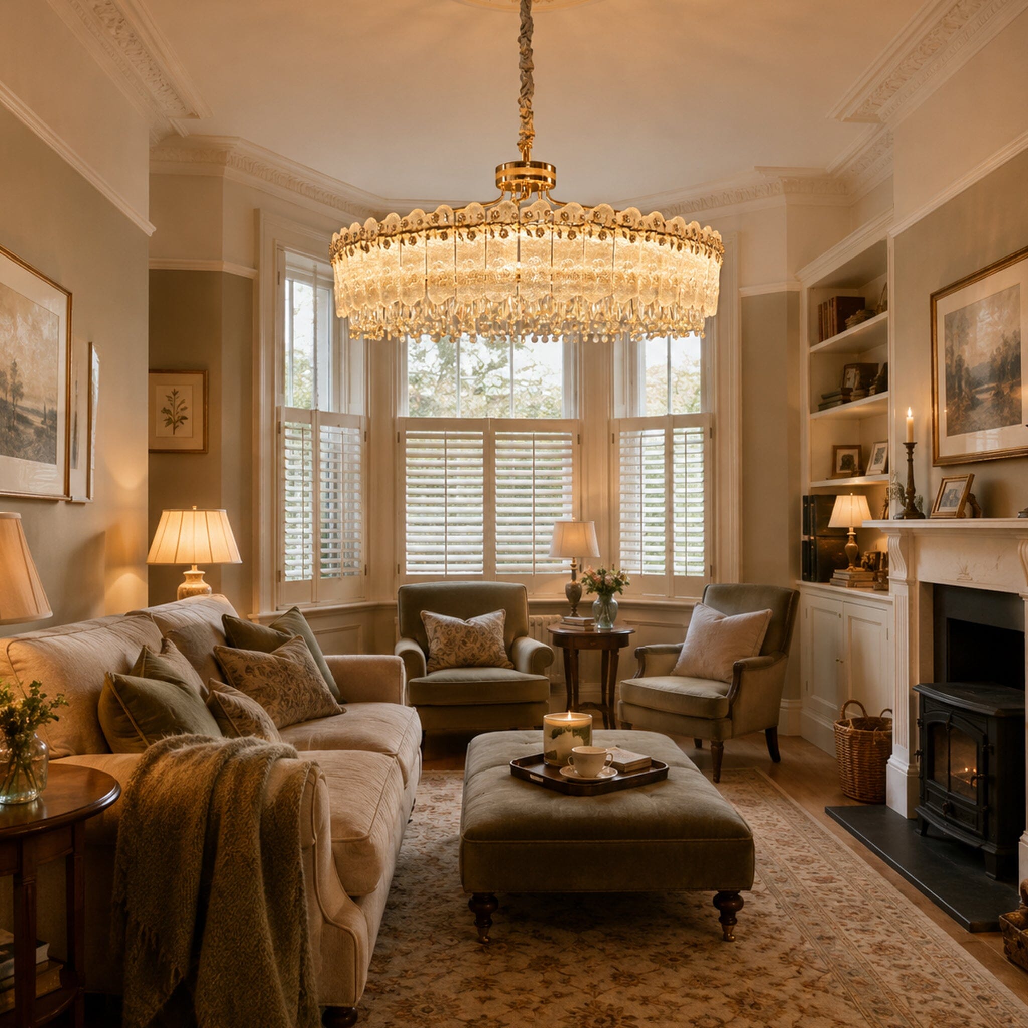 contemporary crystal oval pendant light above a warm living room seating area