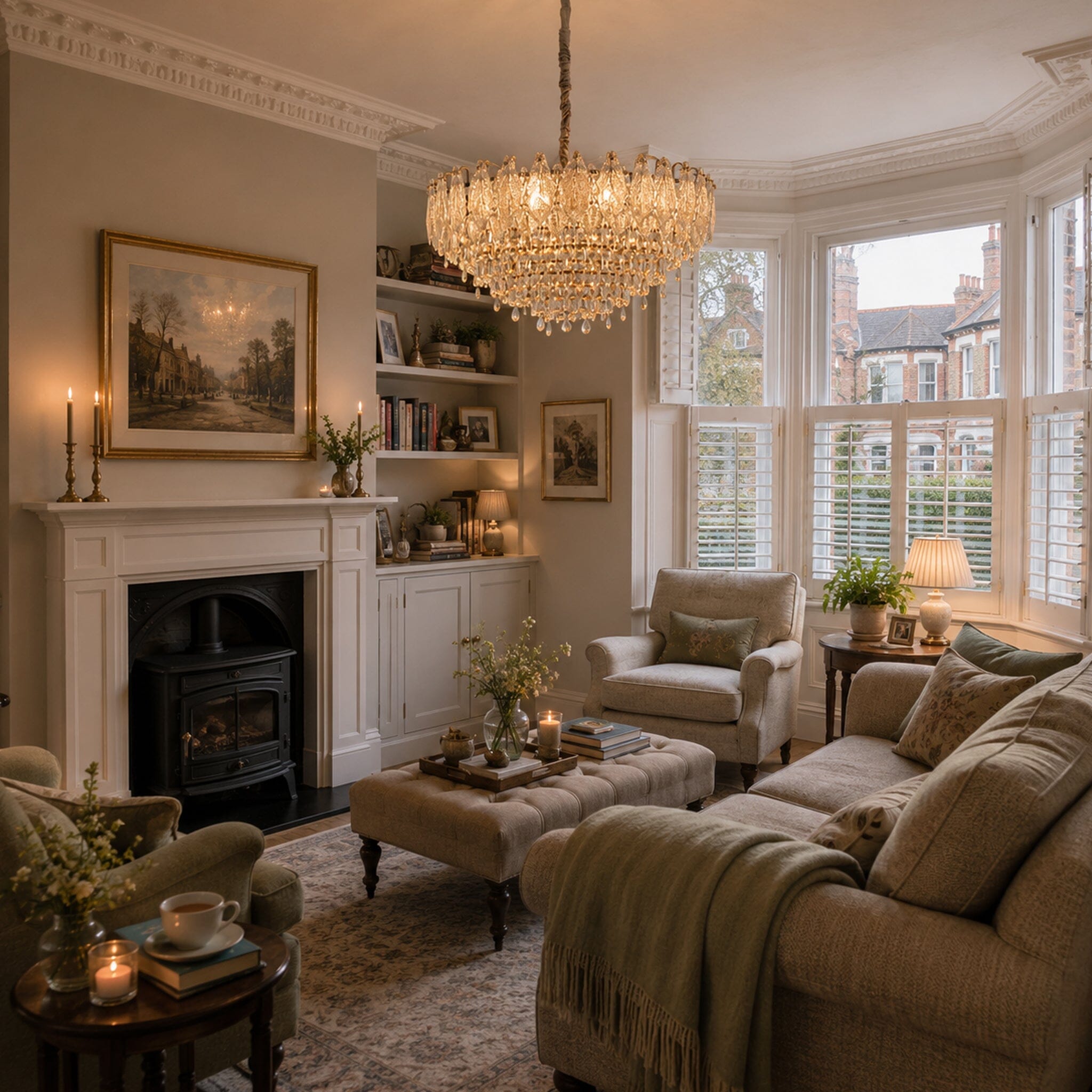 Art Deco crystal chandelier in a classic bay-window living room