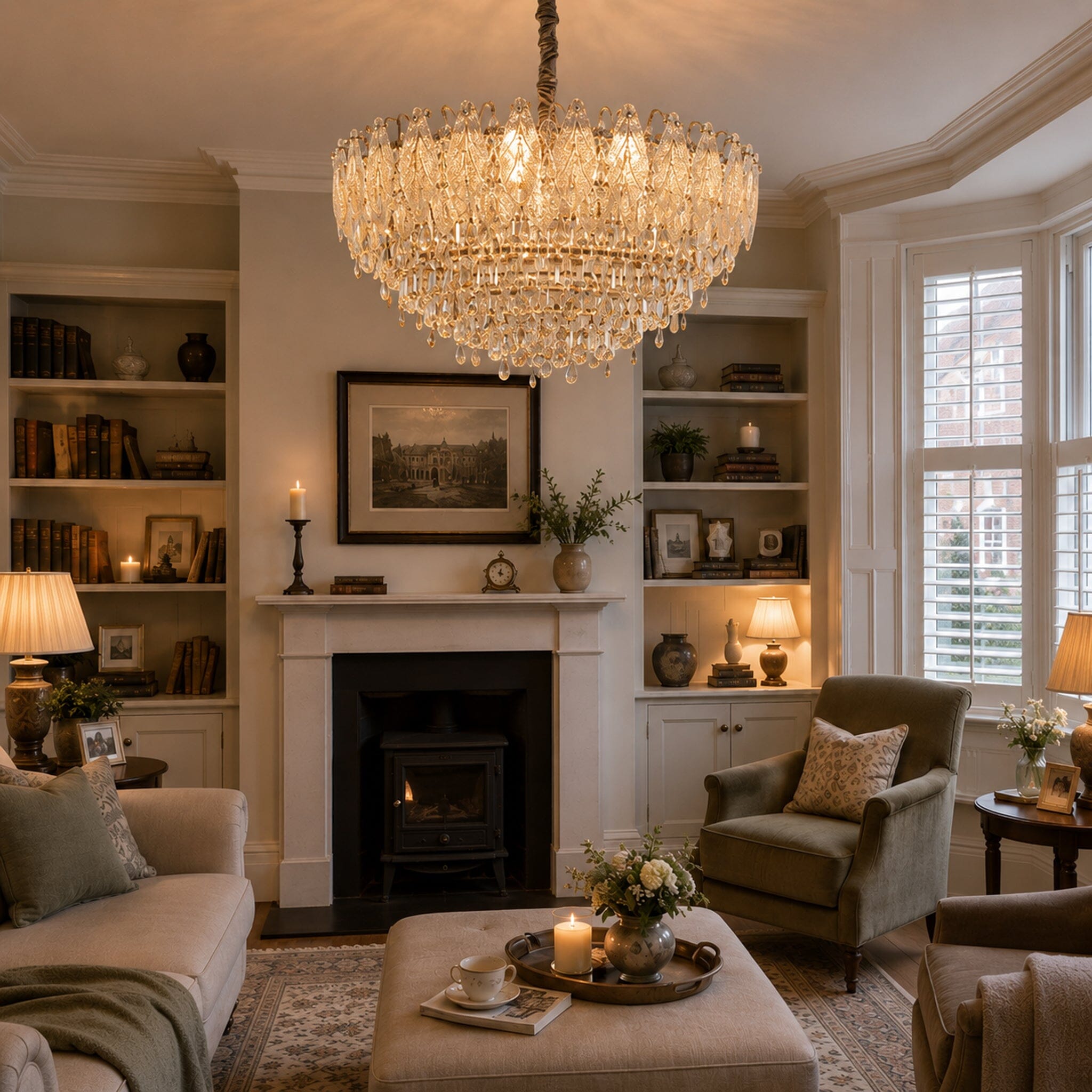 Art Deco crystal chandelier above a living room coffee table