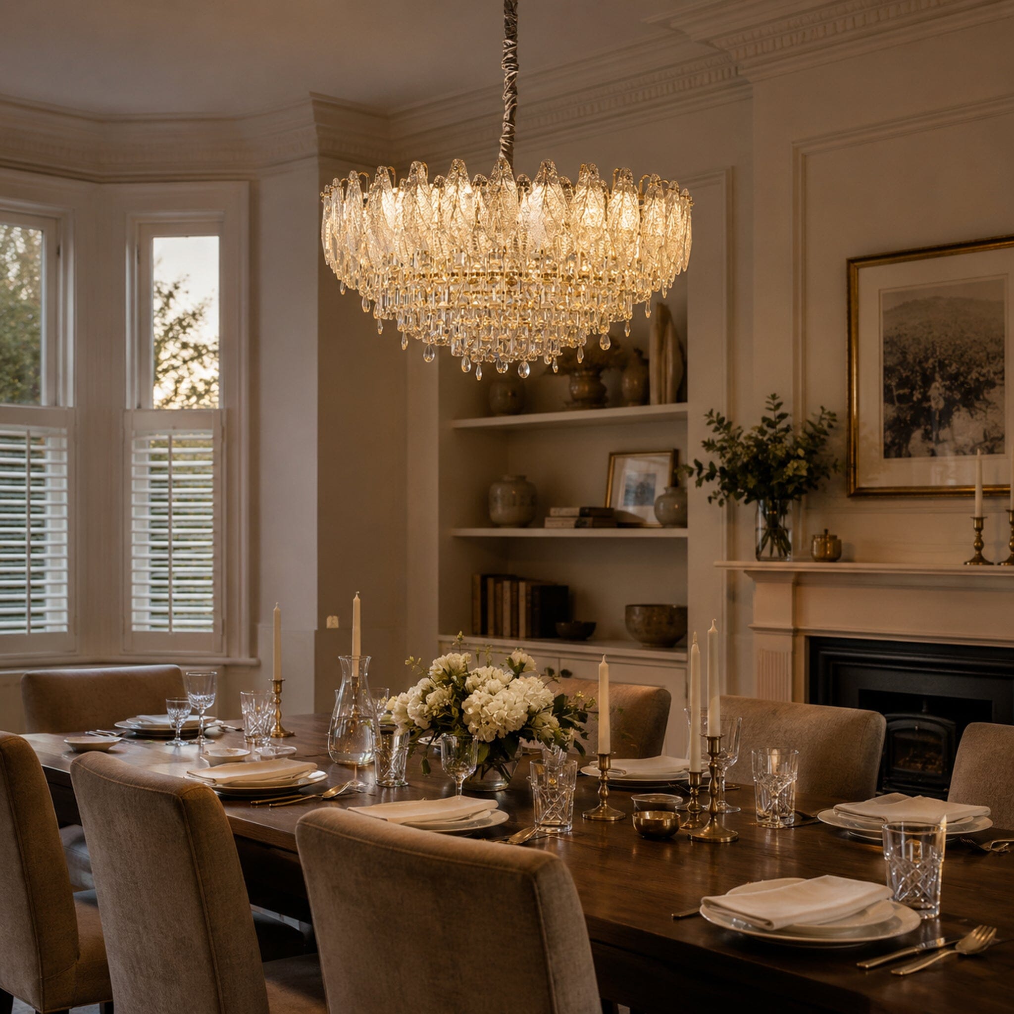 Art Deco crystal chandelier above a dining table with flowers