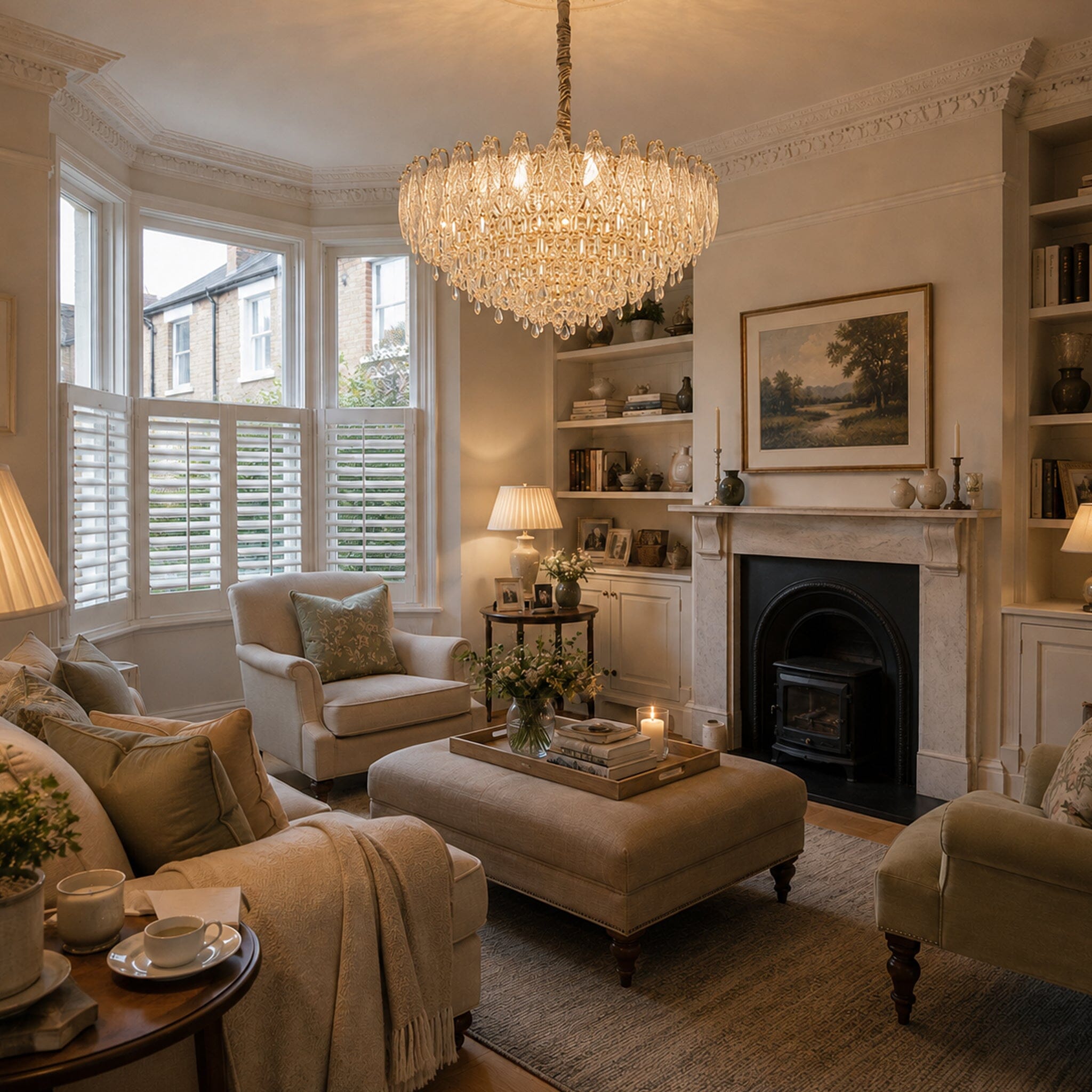 Art Deco crystal chandelier over a neutral lounge seating area