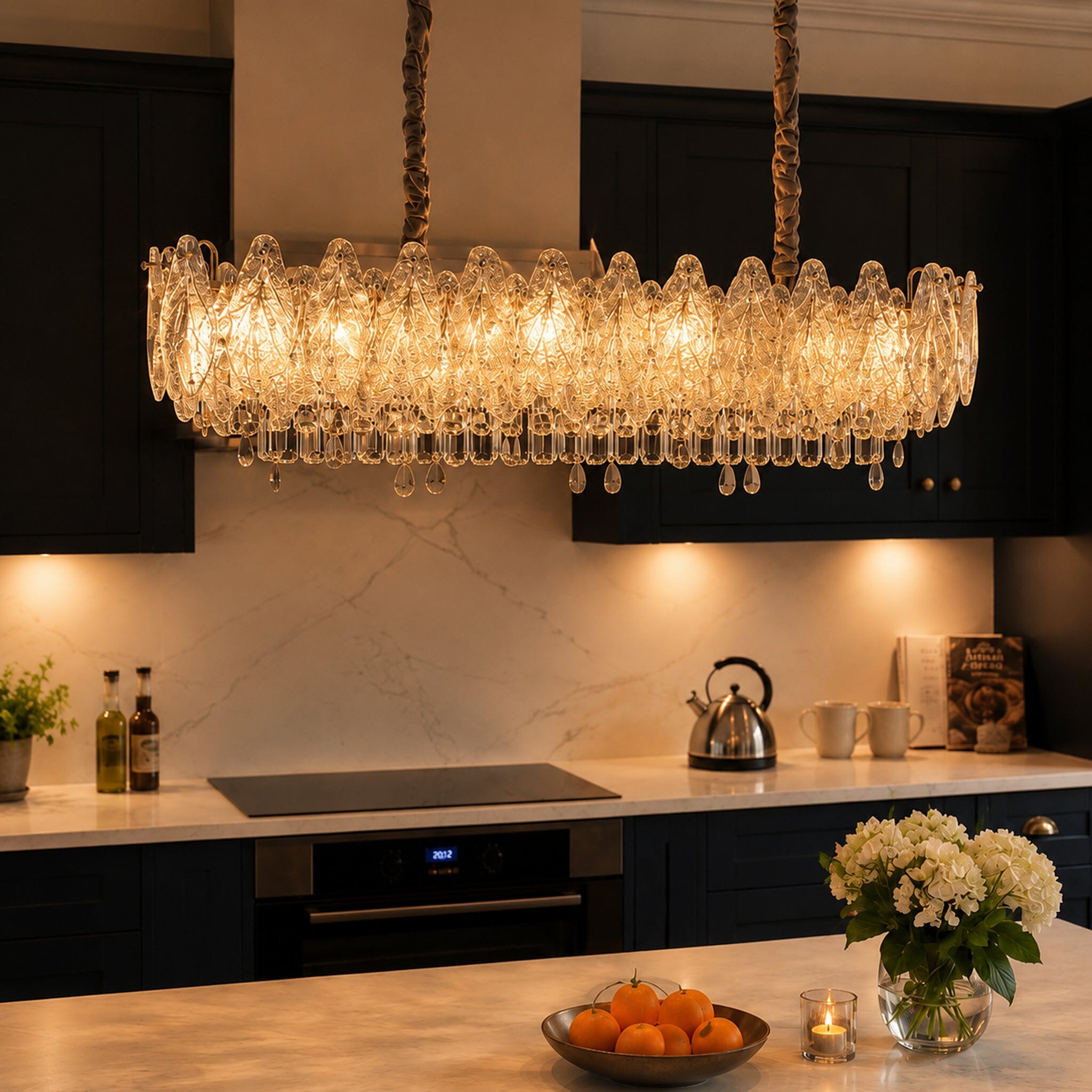 Art Deco crystal chandelier linear chandelier over a warm kitchen counter