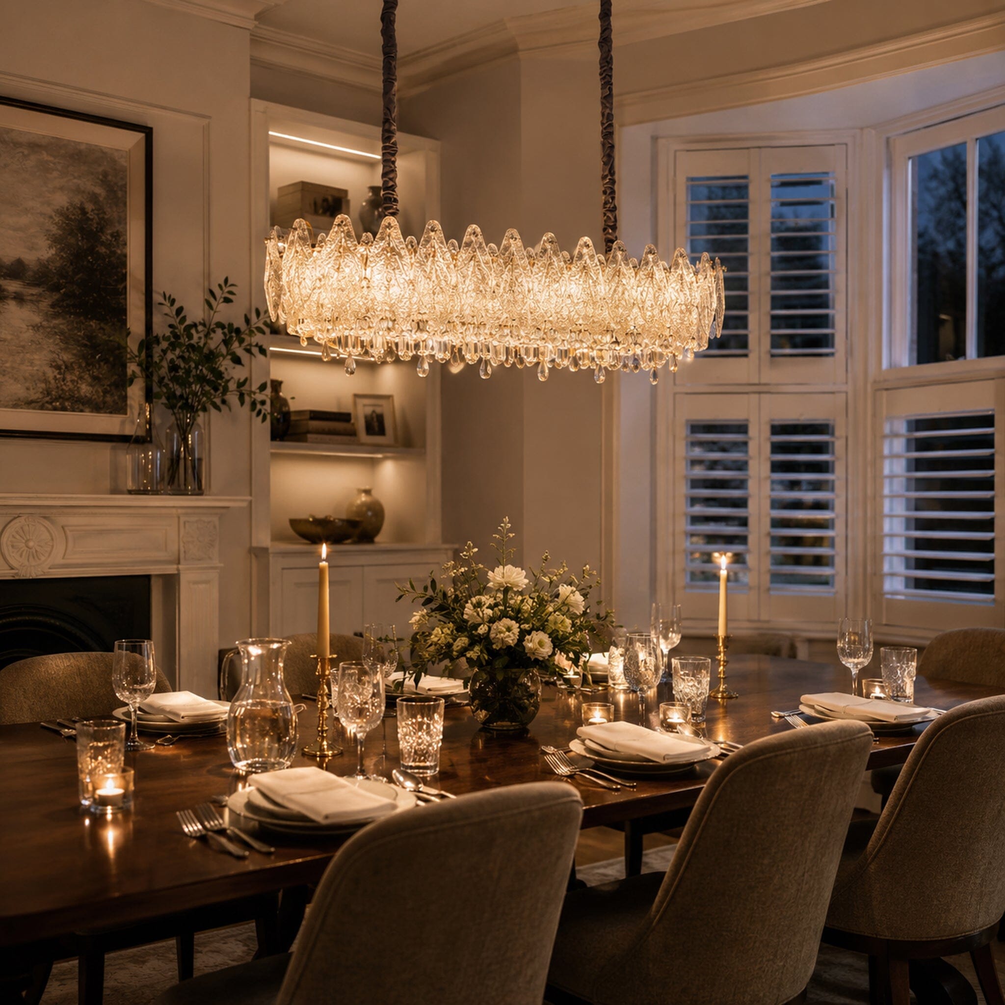 Art Deco crystal chandelier linear chandelier above a classic dining table