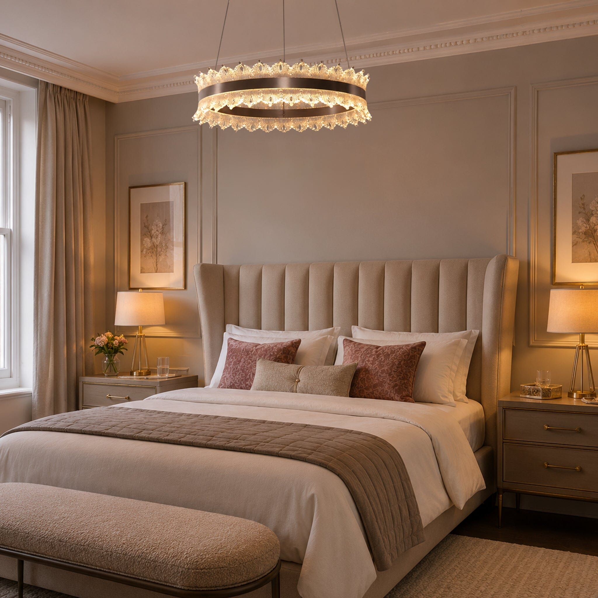 dimmable metal ring pendant light above a neutral bedroom bed
