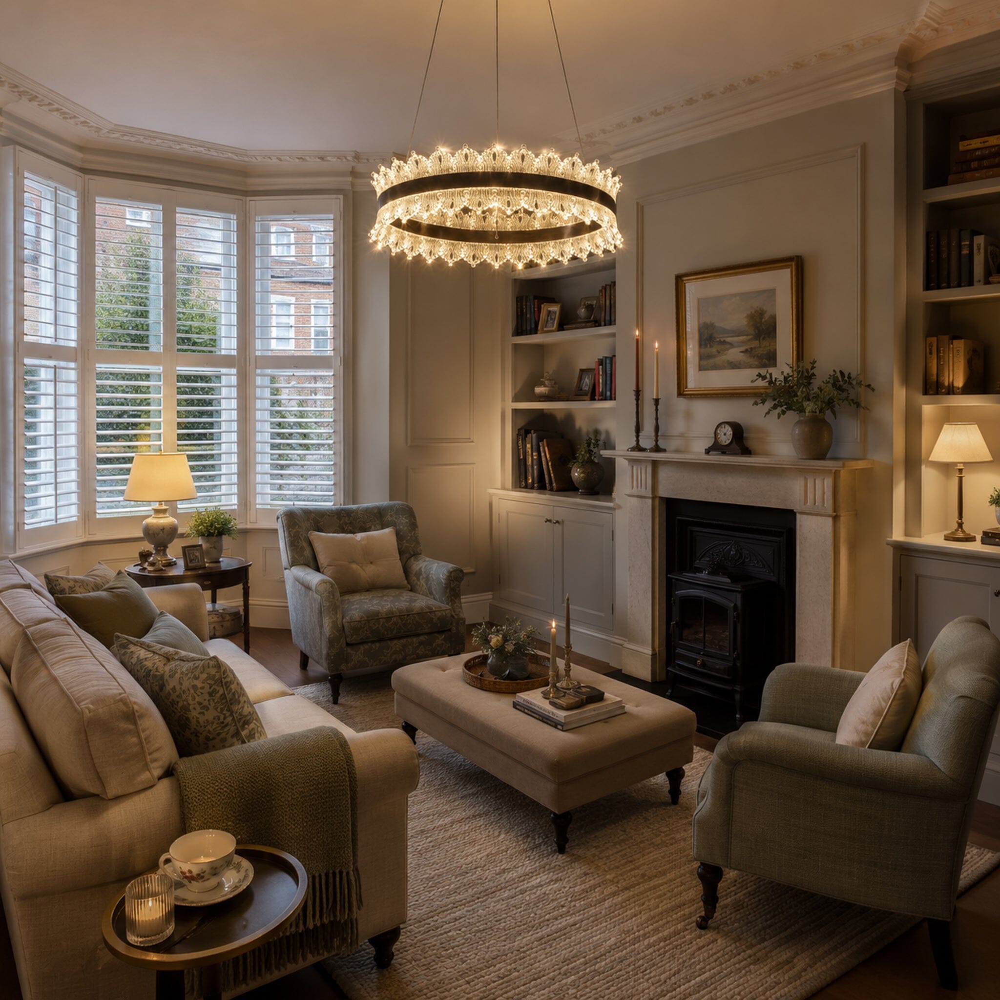 dimmable metal ring pendant light in a bay-window living room