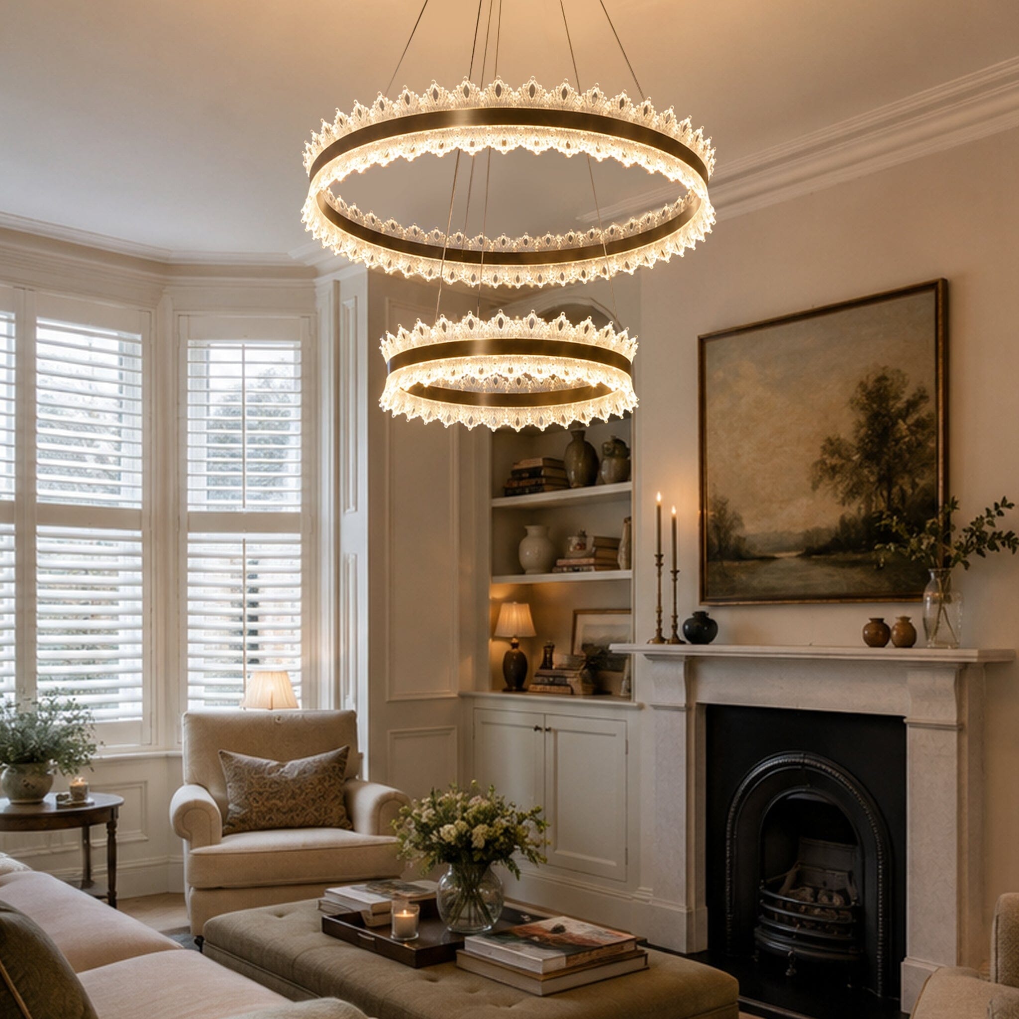 dimmable metal ring pendant light over a classic living room coffee table