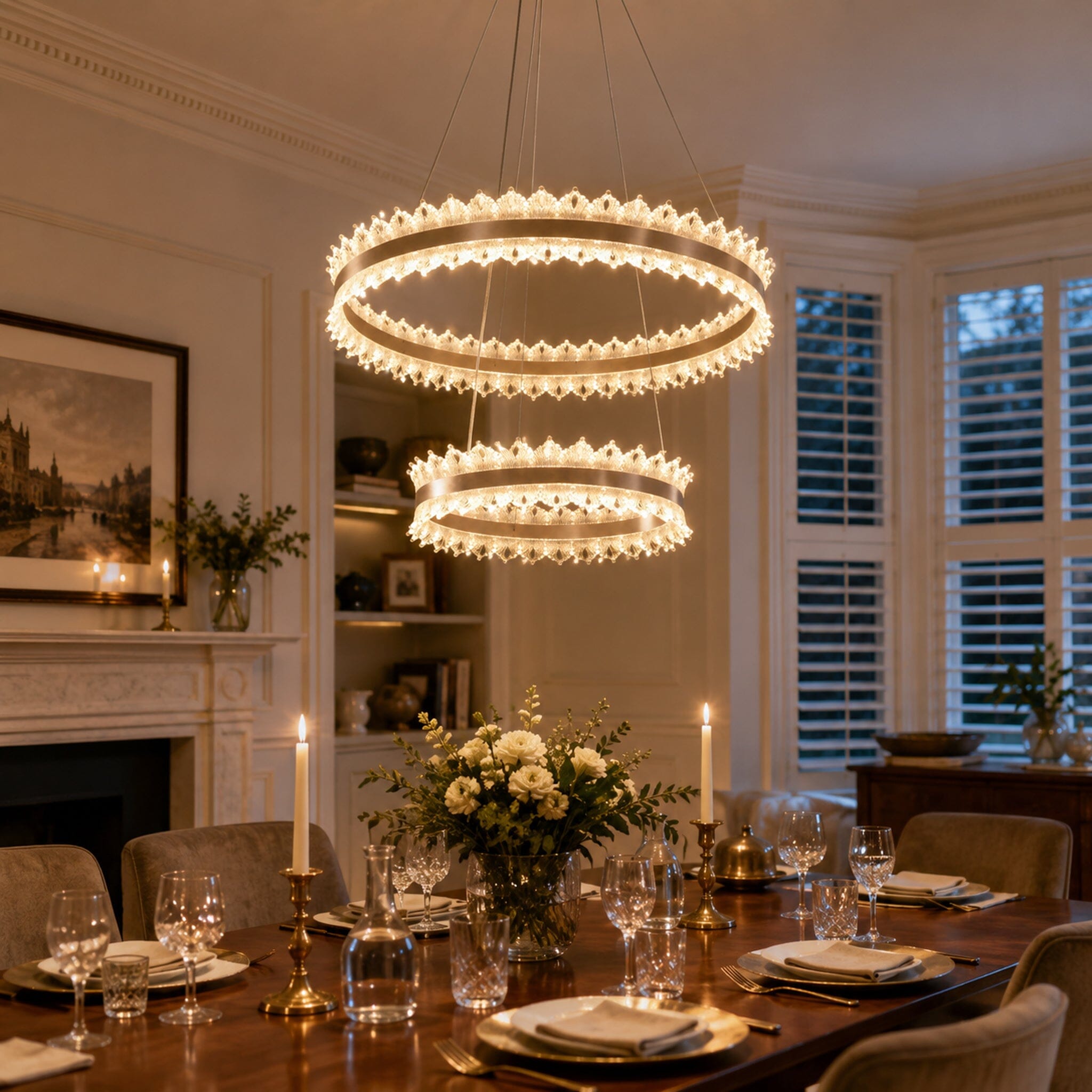 dimmable metal ring pendant light above a dining table with flowers