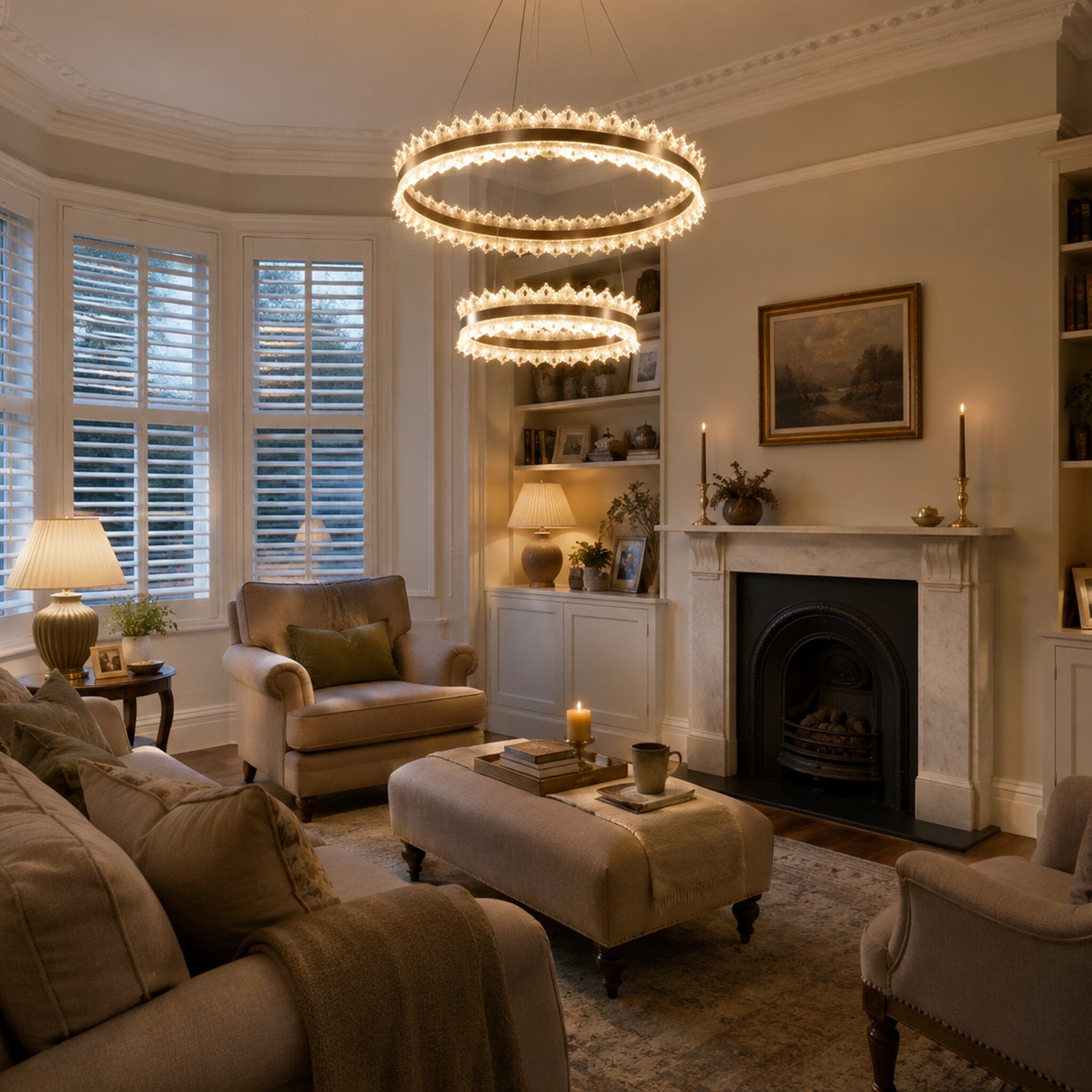 dimmable metal ring pendant light above a cosy bay-window lounge