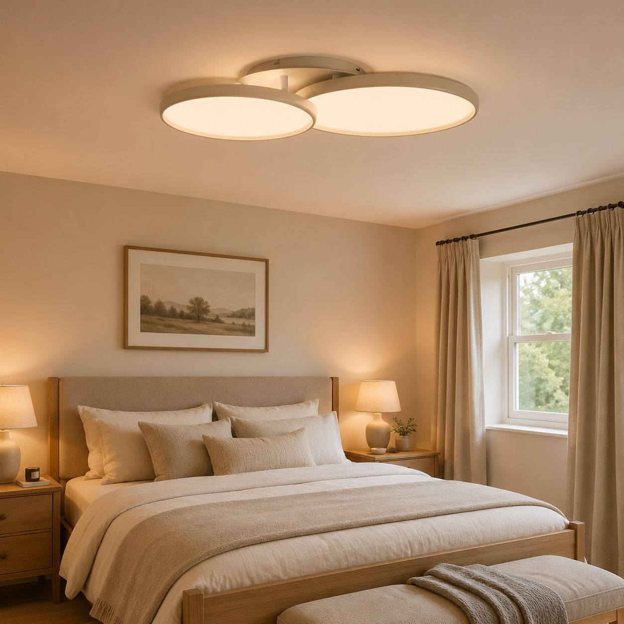 two-circle ivory white LED ceiling light above a bed