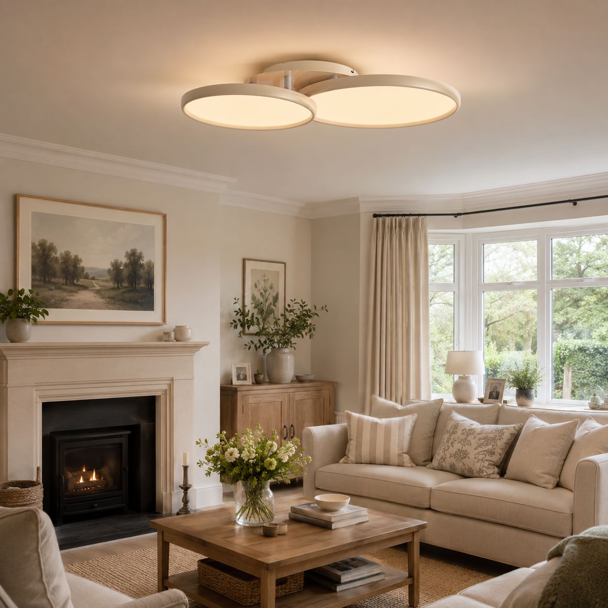 three-circle ivory white ceiling light in a living room