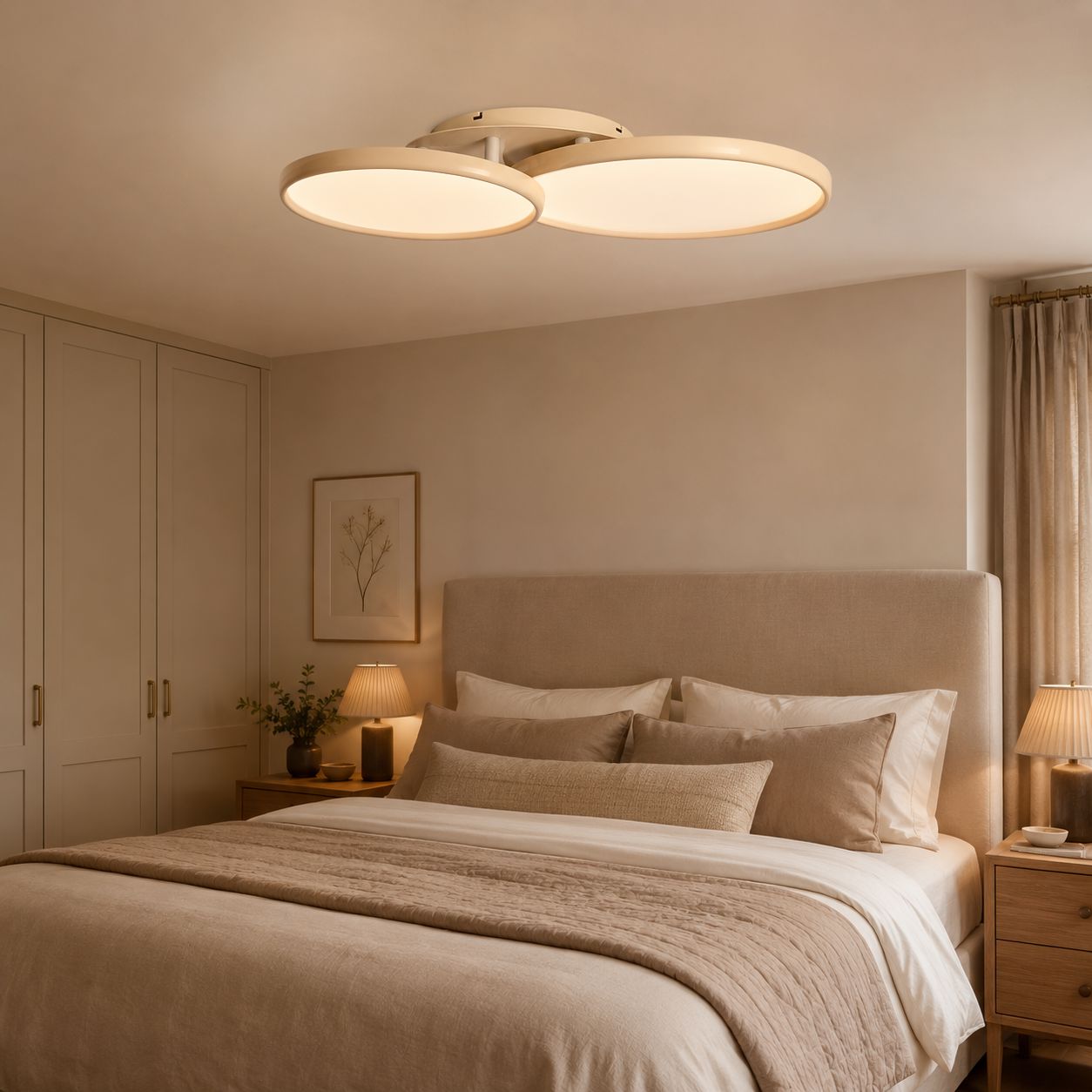 three-circle ivory white LED ceiling light in a bedroom