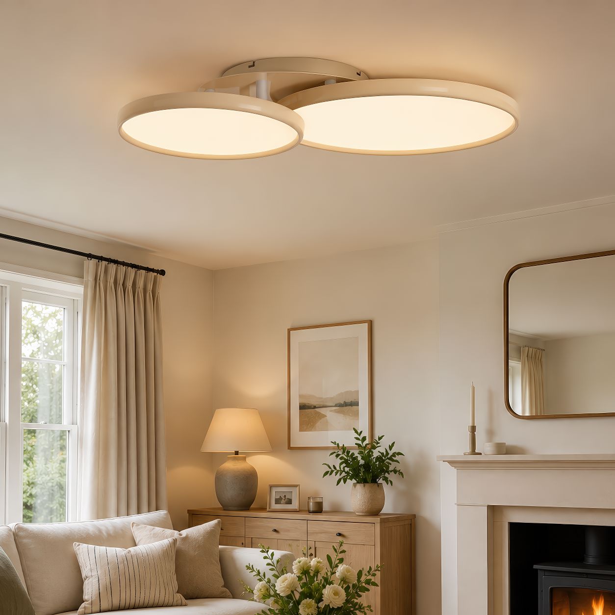 three-circle LED ceiling light in a living room corner