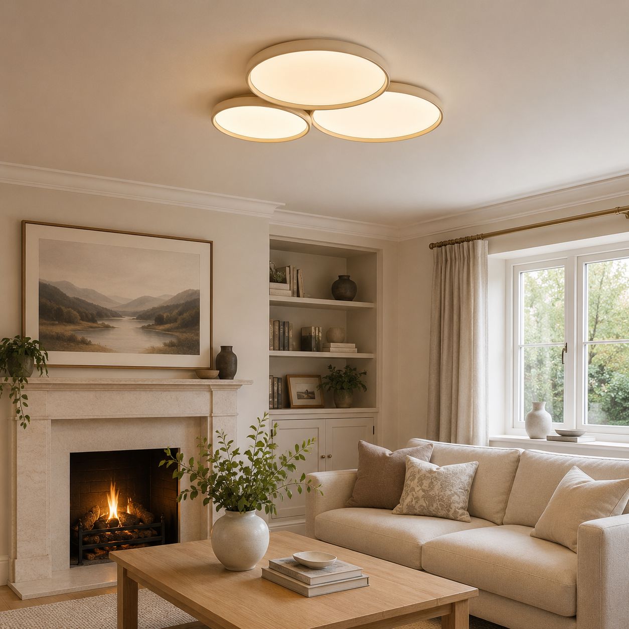three-circle LED ceiling light in a cosy living room