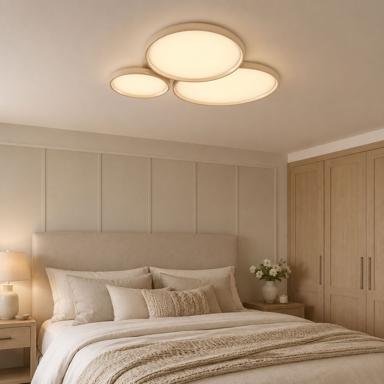 three-circle LED ceiling light above a bedroom