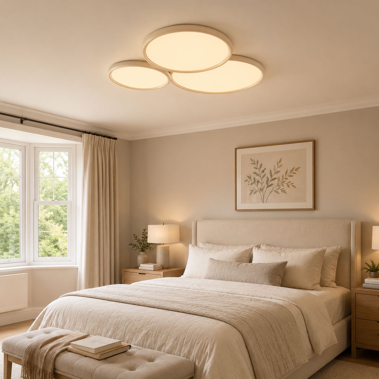 three-circle ivory white LED ceiling light over a bed