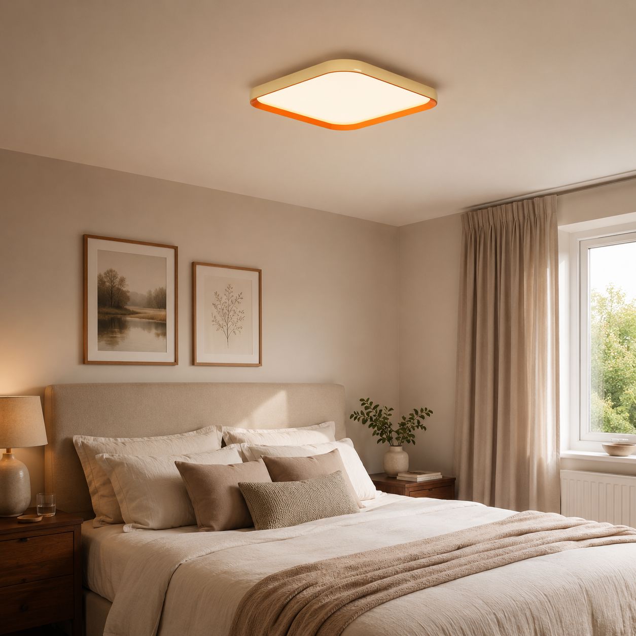 square dimmable ceiling light above a bedroom