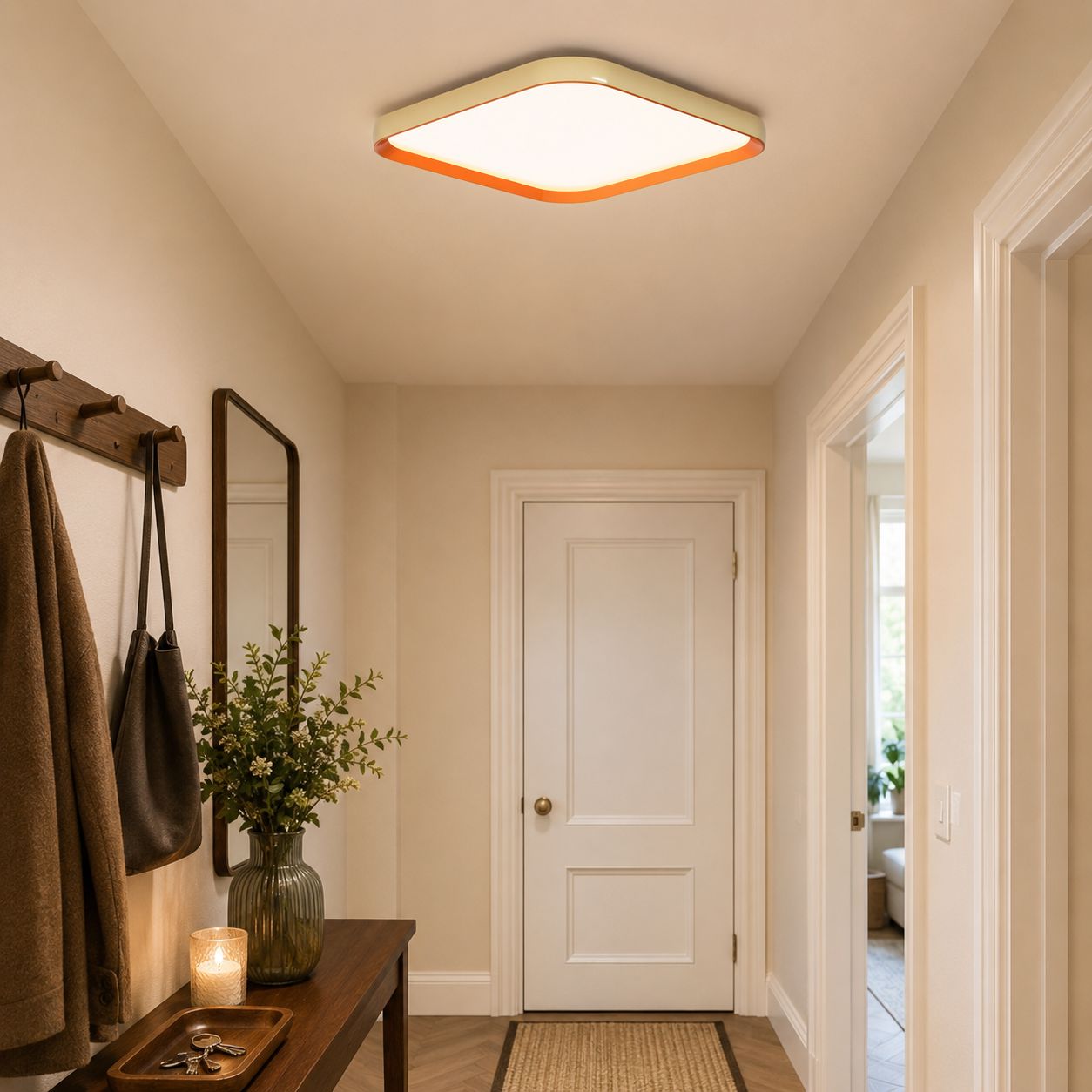 square LED flush mount light in a hallway