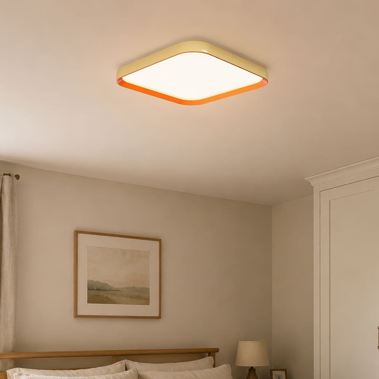 square LED flush mount ceiling light in a quiet bedroom corner